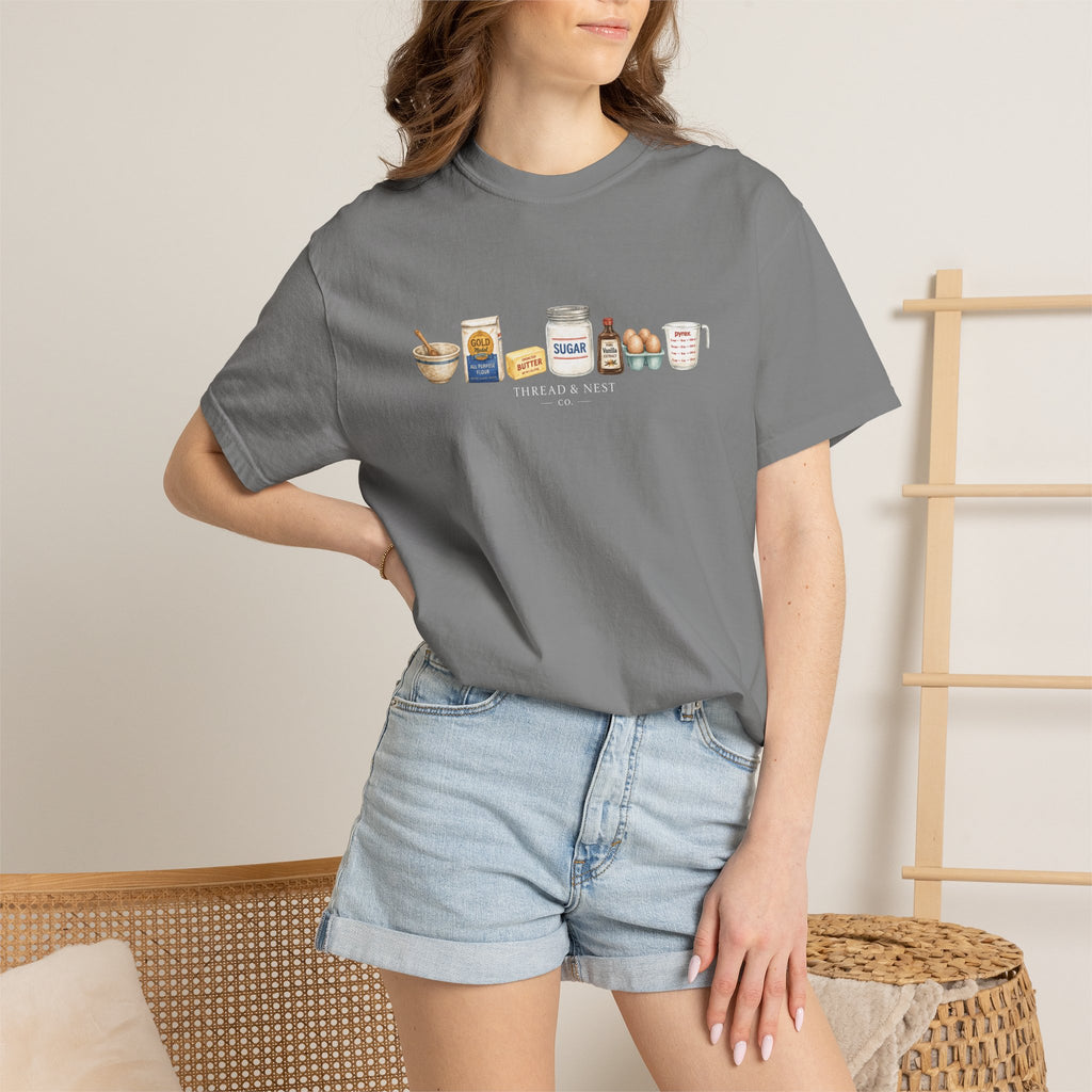Baking Ingredients T-Shirt — Cute Illustrated Flour, Eggs & Milk Kitchen Tee