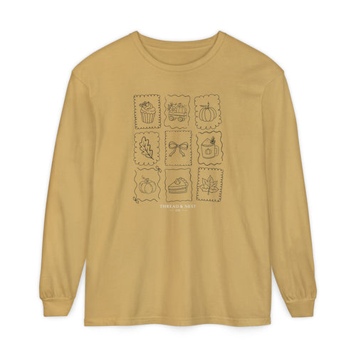Autumn Icons Long Sleeve Tee — Hand-Drawn Fall Stamps Design