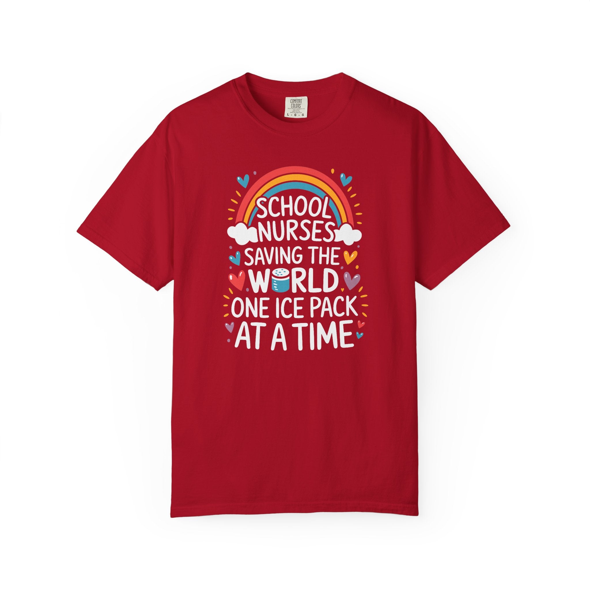 School Nurse T-Shirt — "Saving the World One Ice Pack at a Time" Cute Rainbow Graphic