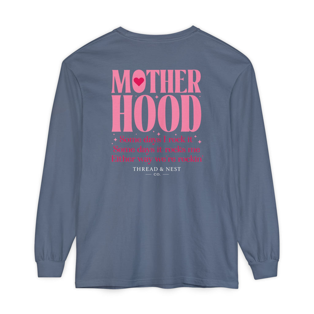 Motherhood Long Sleeve Tee — Pink Retro Heart Graphic