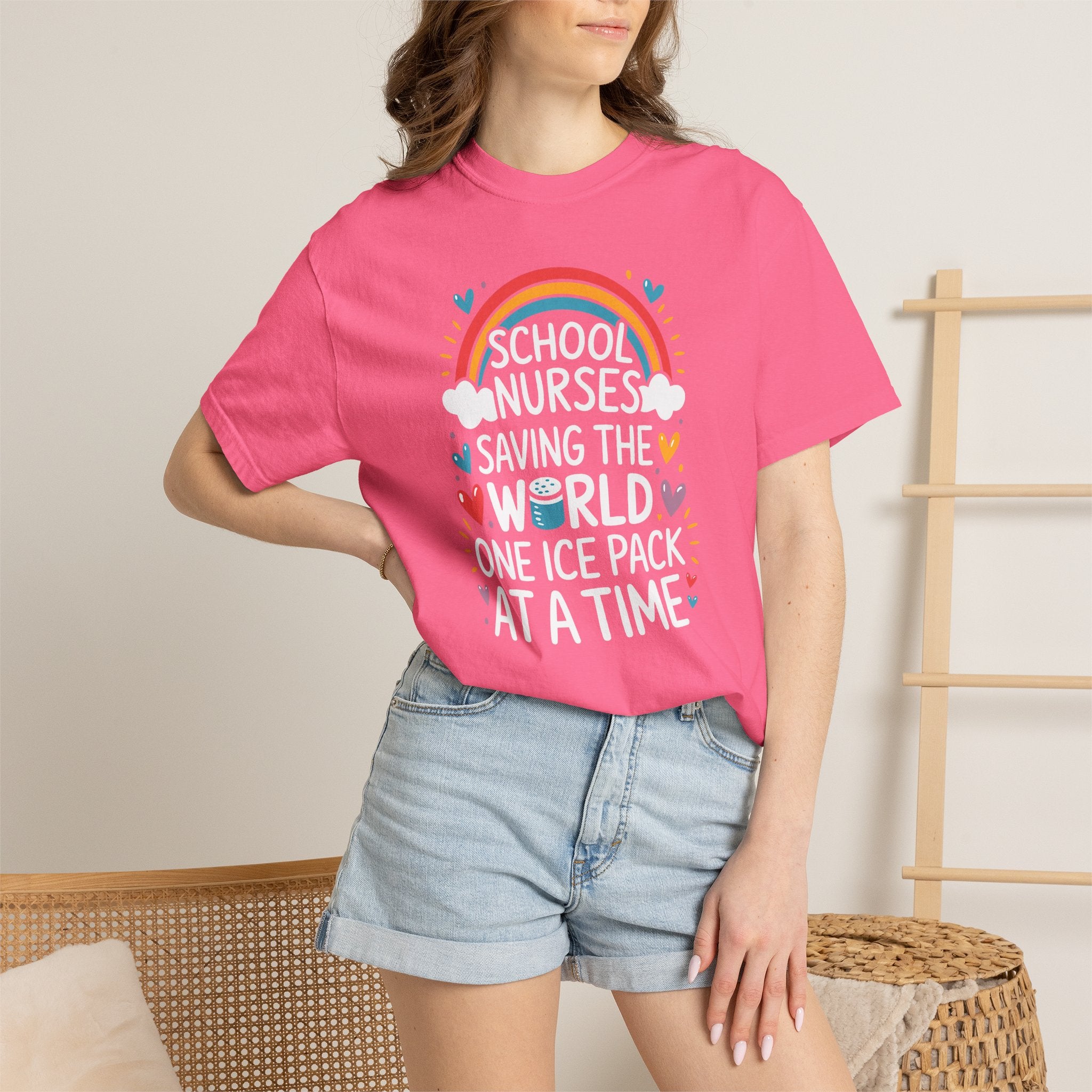 School Nurse T-Shirt — "Saving the World One Ice Pack at a Time" Cute Rainbow Graphic