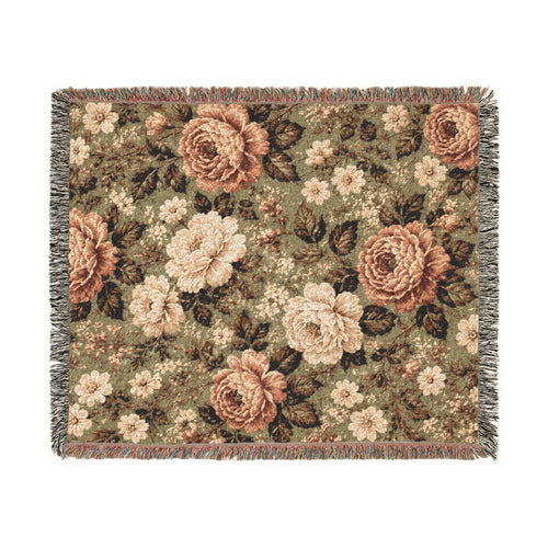 Cottage Rose Woven Blanket — Vintage Rose Tapestry Throw