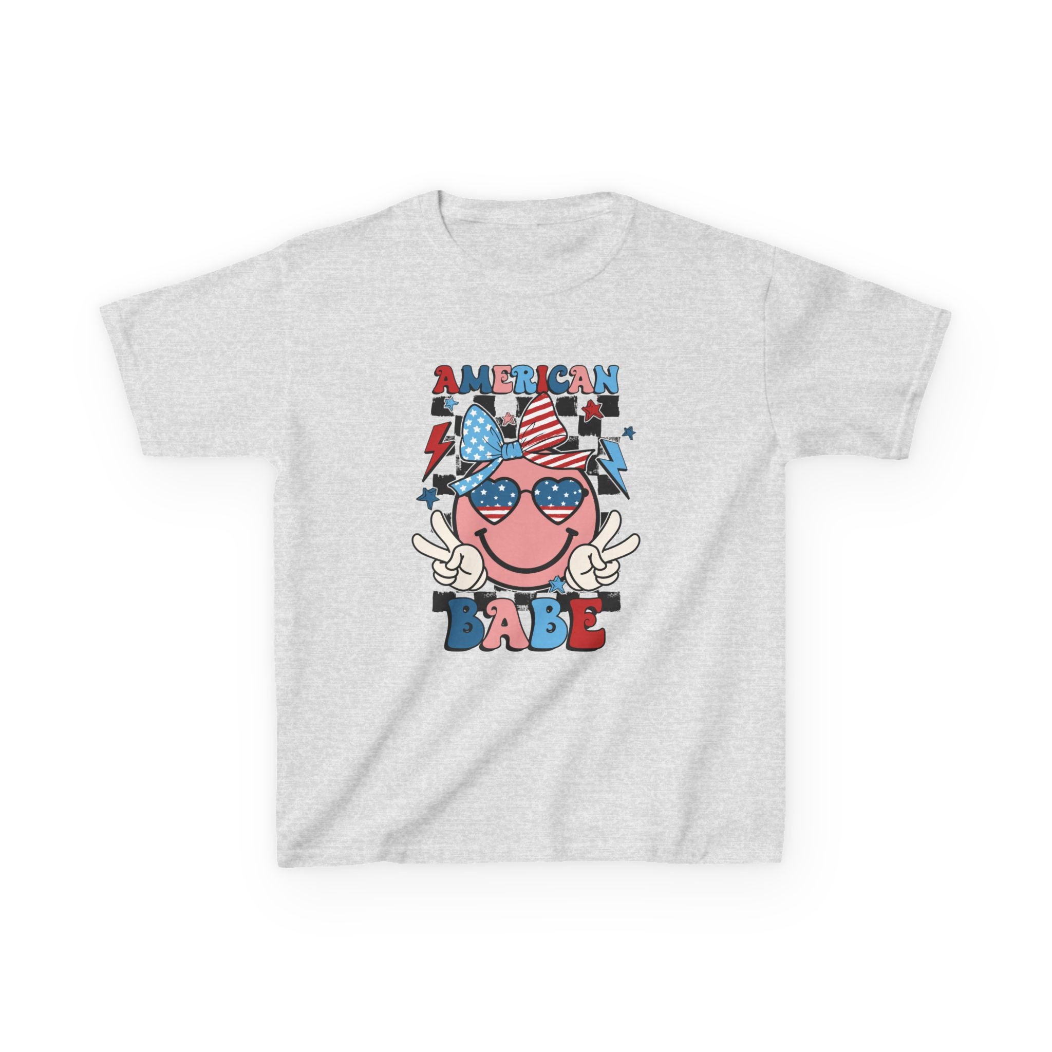 American Babe Kids T‑Shirt – Patriotic Smiley Sunglasses 4th of July Tee