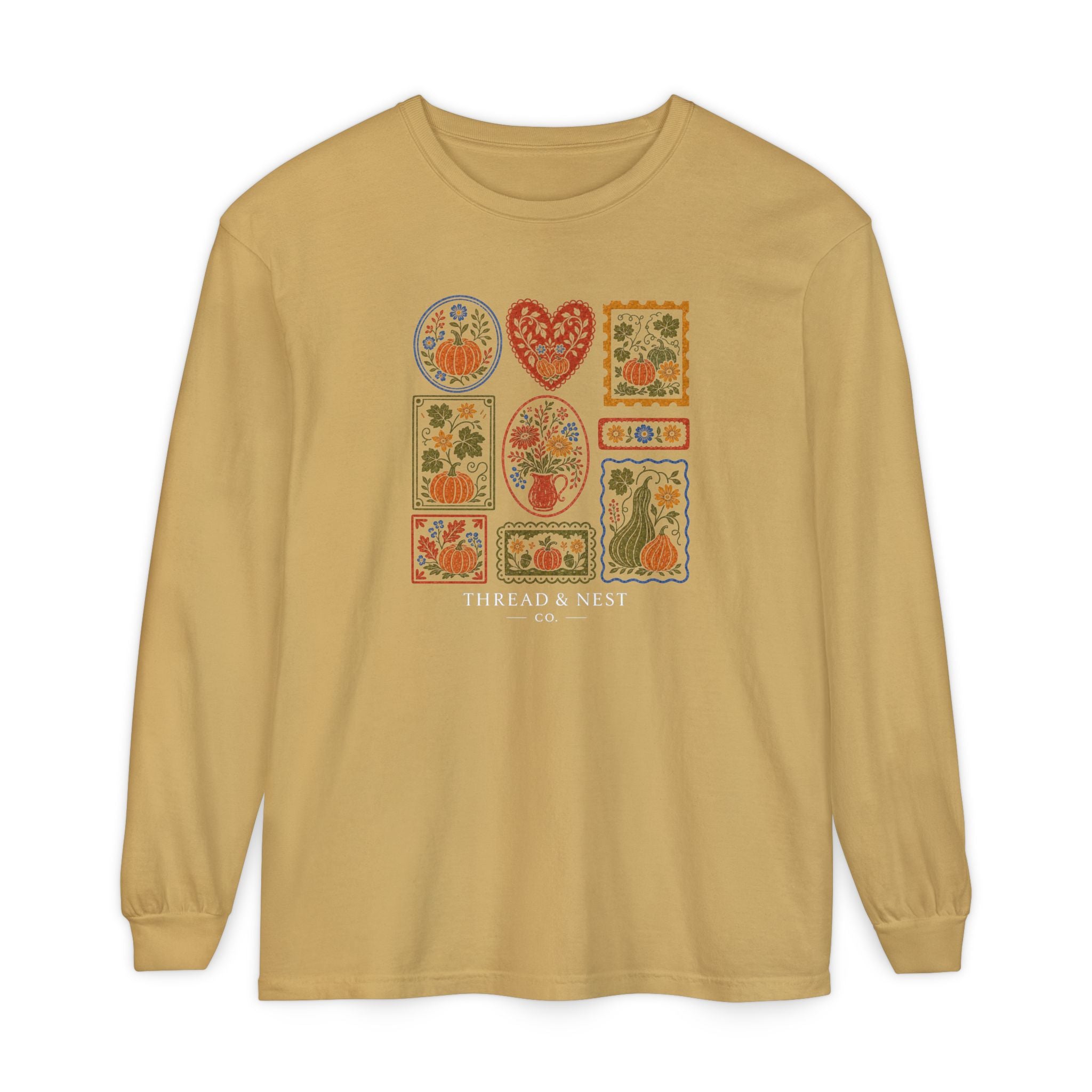 Botanical Patchwork Long Sleeve Tee — "Thread & Nest" Graphic