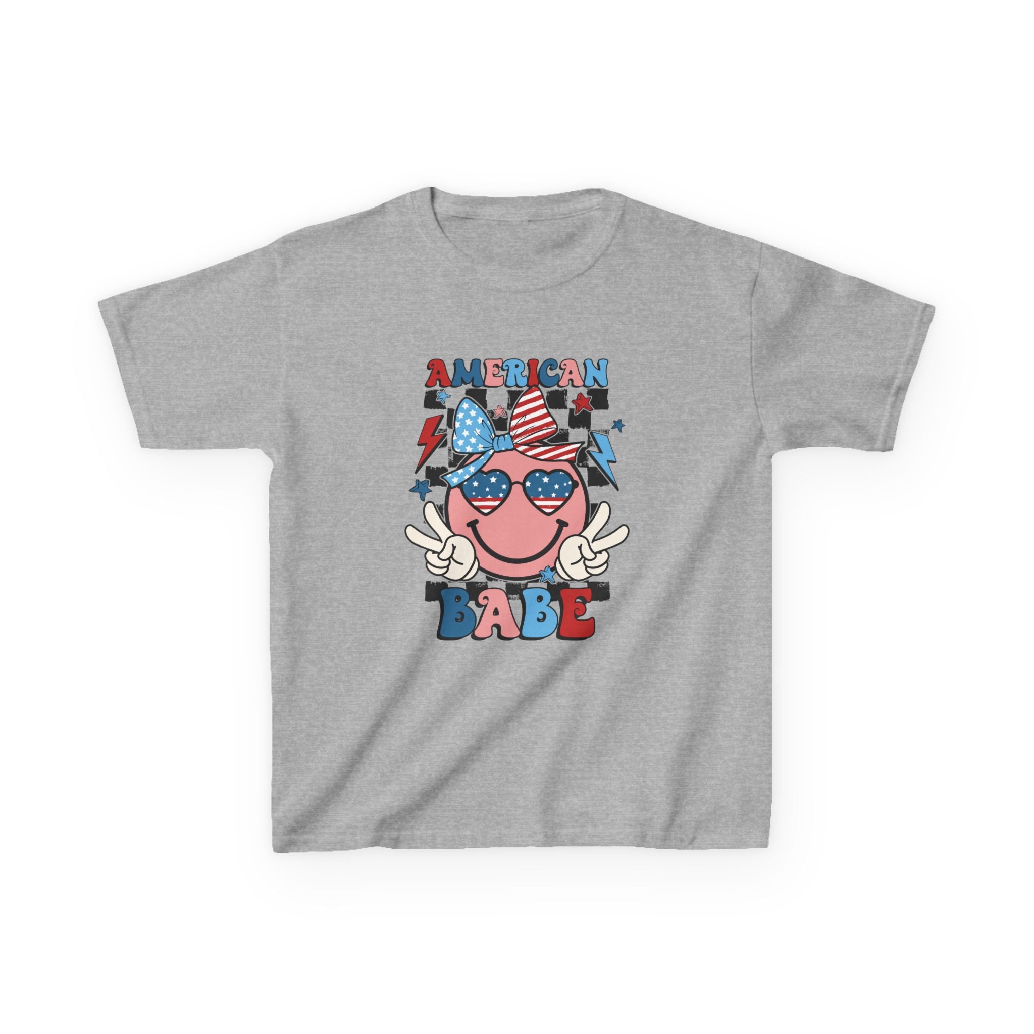 American Babe Kids T‑Shirt – Patriotic Smiley Sunglasses 4th of July Tee