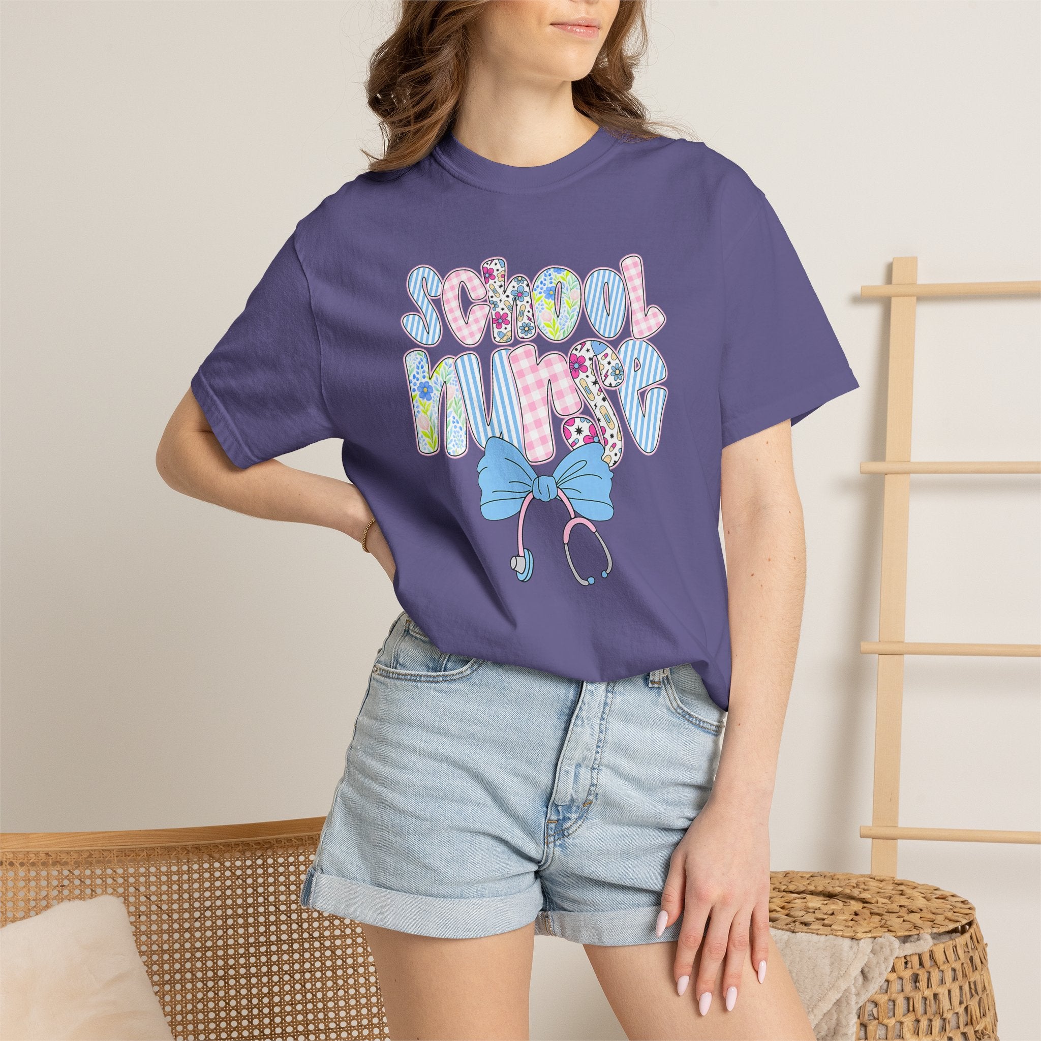 School Nurse T-Shirt — Cute Pastel Medical Design with Stethoscope & Bow
