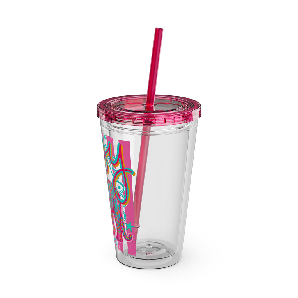 16oz Sunsplash Tumbler with Straw — Colorful 'Easy' Tiger Design