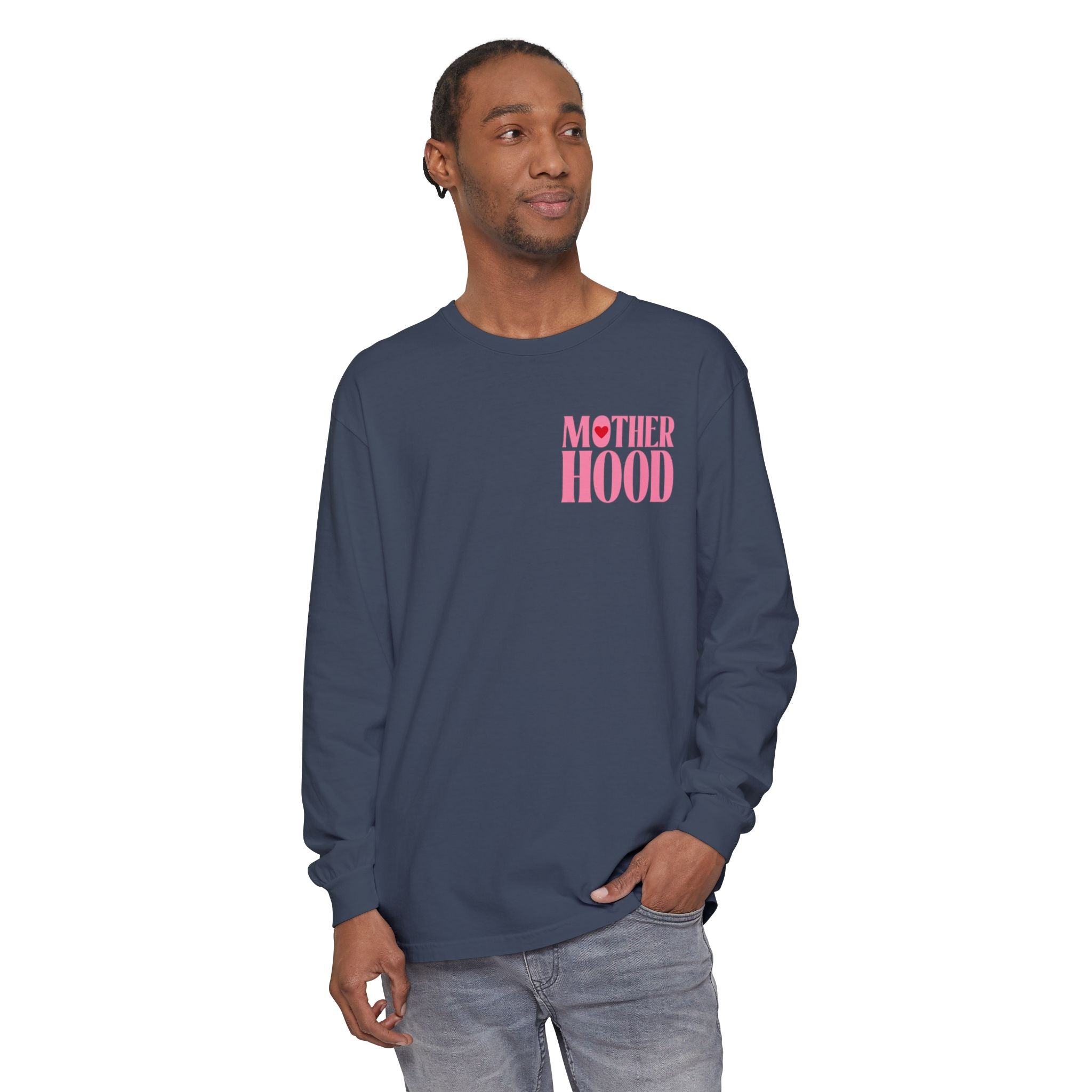 Motherhood Long Sleeve Tee — Pink Retro Heart Graphic