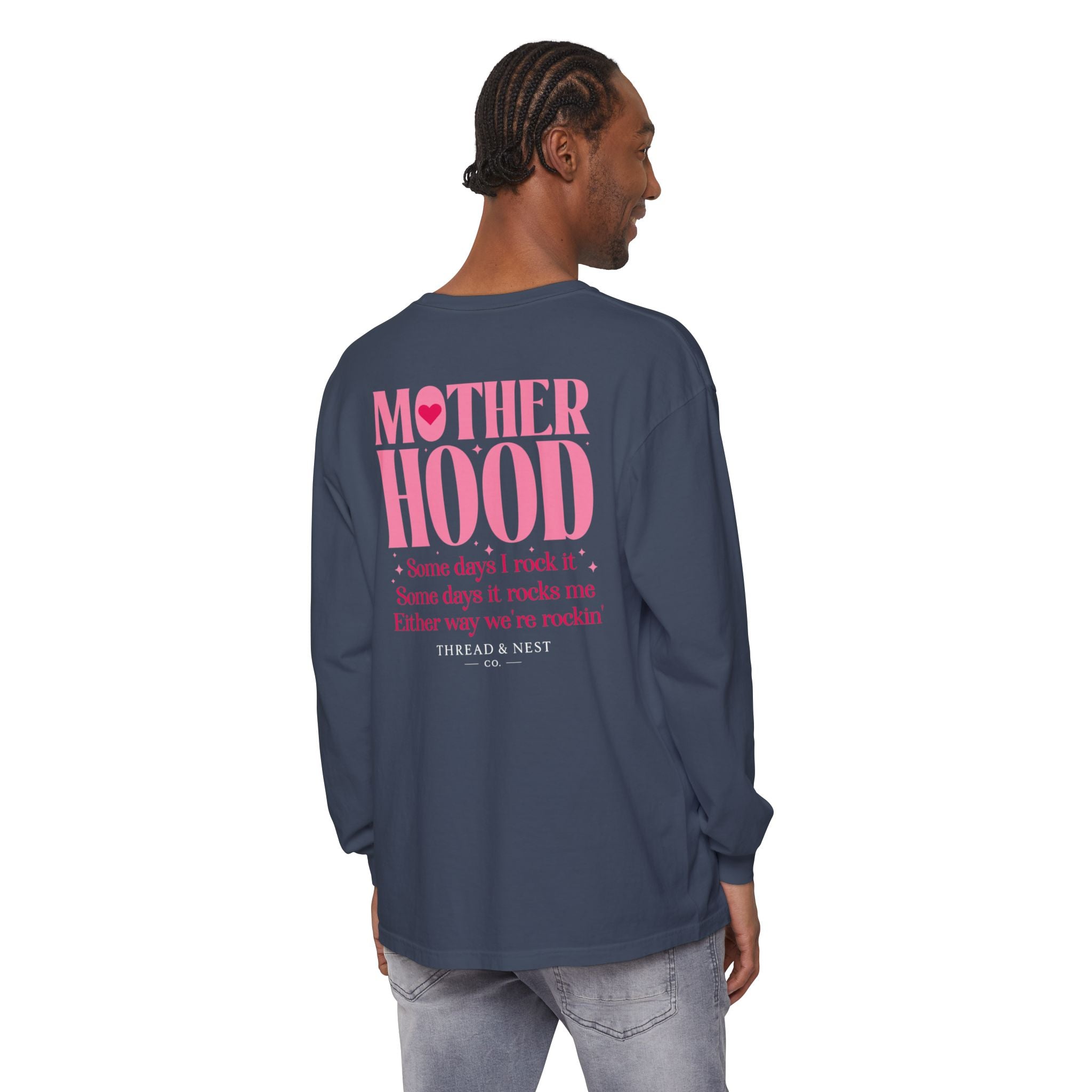 Motherhood Long Sleeve Tee — Pink Retro Heart Graphic
