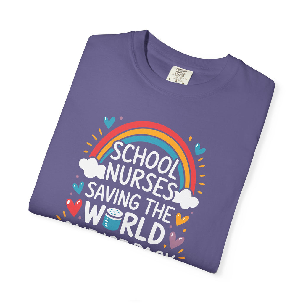 School Nurse T-Shirt — "Saving the World One Ice Pack at a Time" Cute Rainbow Graphic