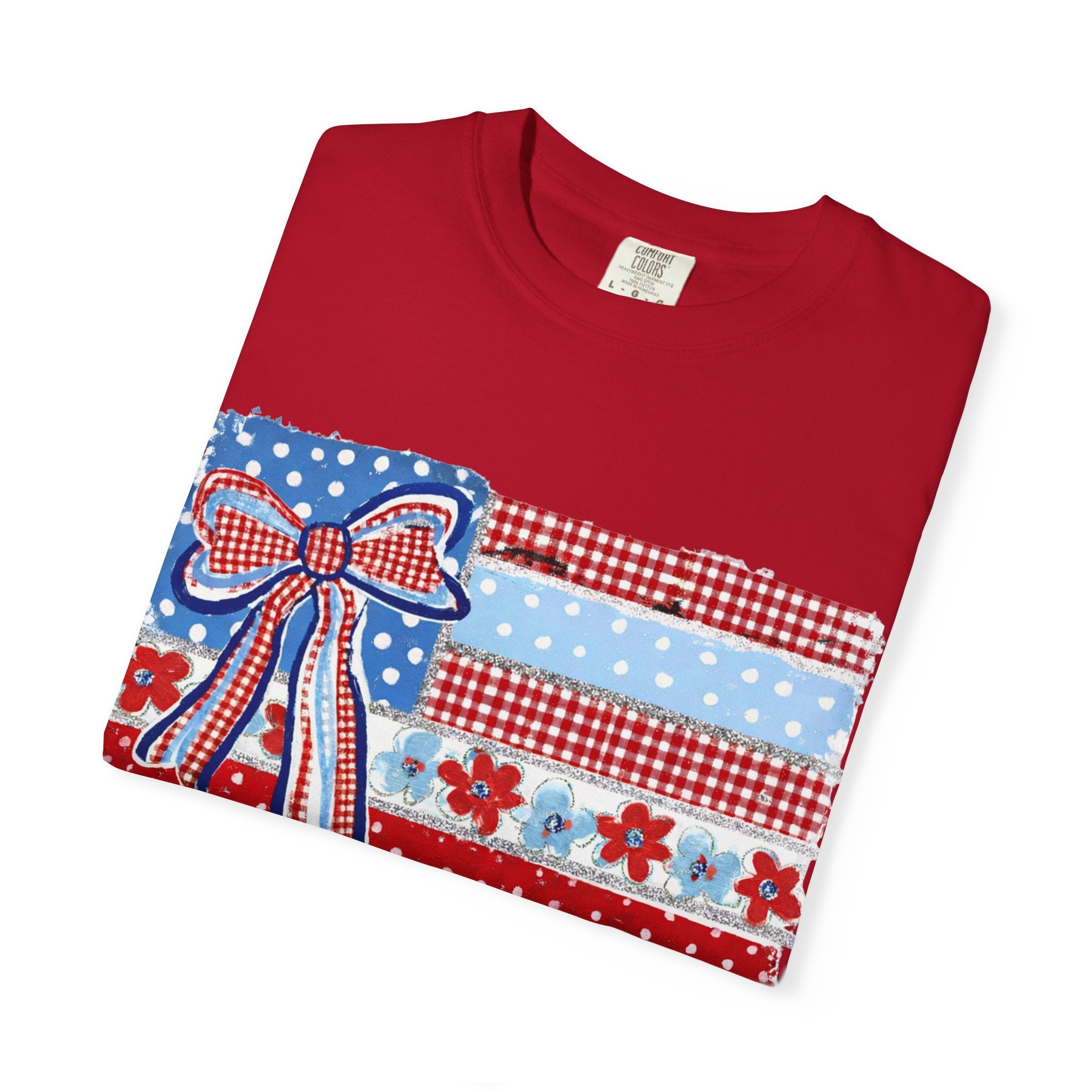 Patriotic Patchwork Flag T-Shirt — Red White & Blue Bow Tee