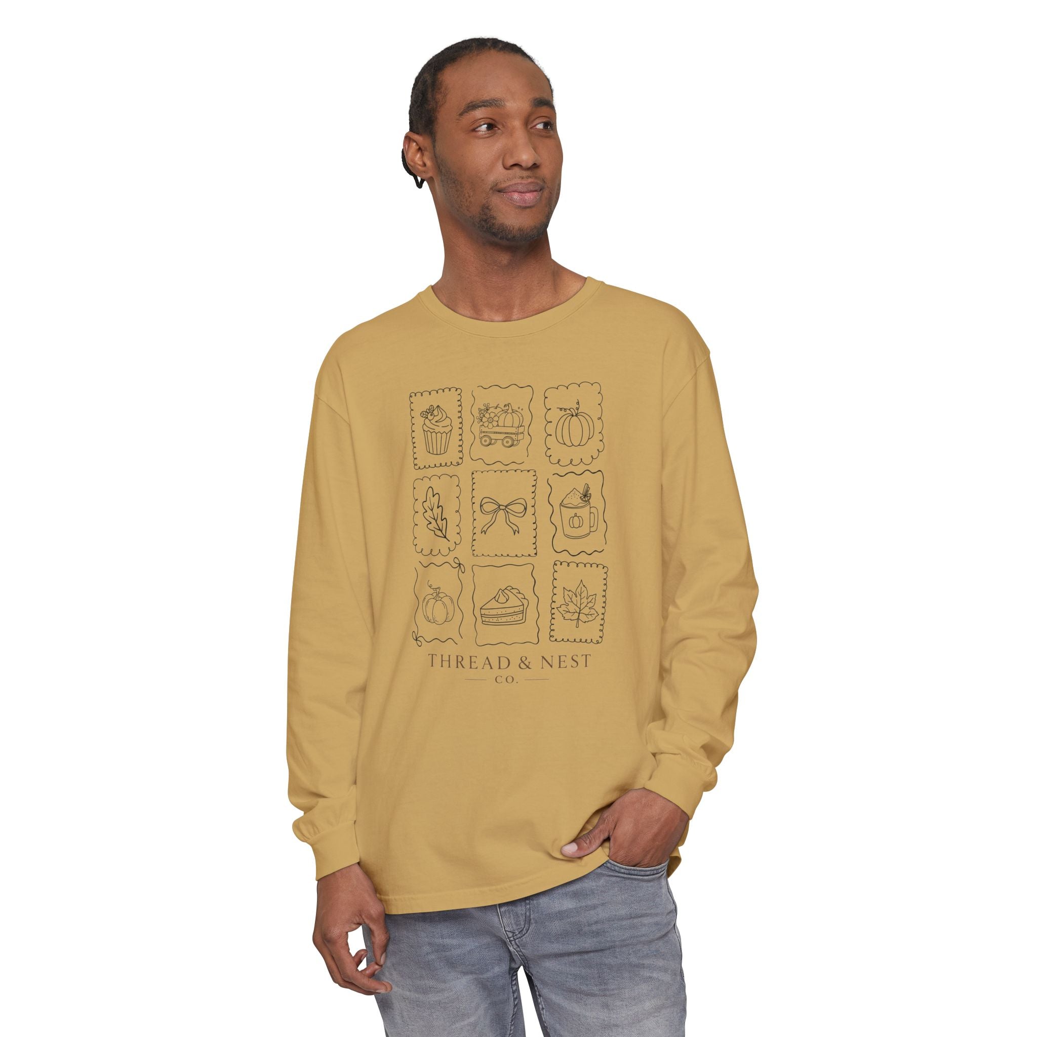 Autumn Icons Long Sleeve Tee — Hand-Drawn Fall Stamps Design