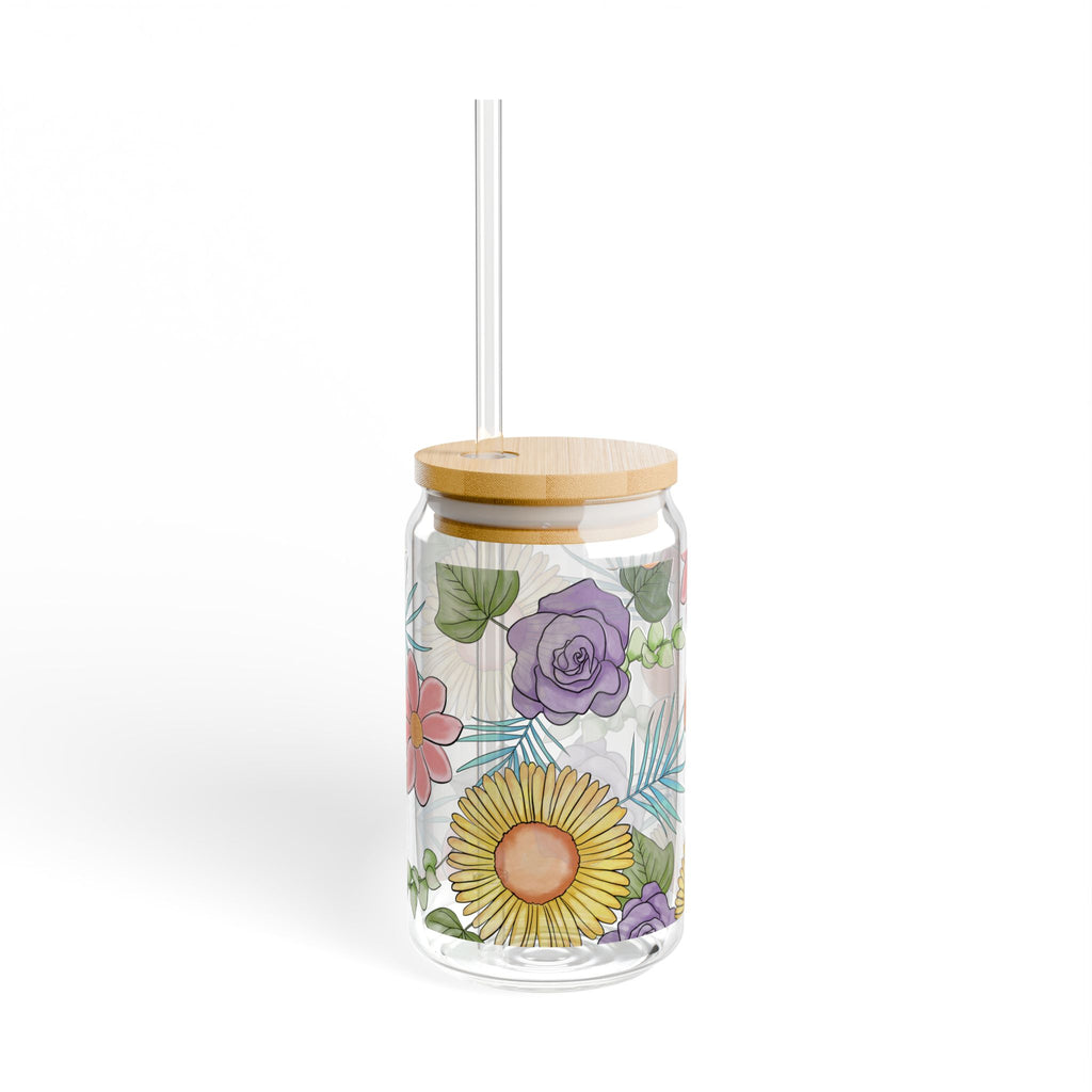 Floral Sipper Glass, 16oz — Bamboo Lid Reusable Drink Jar