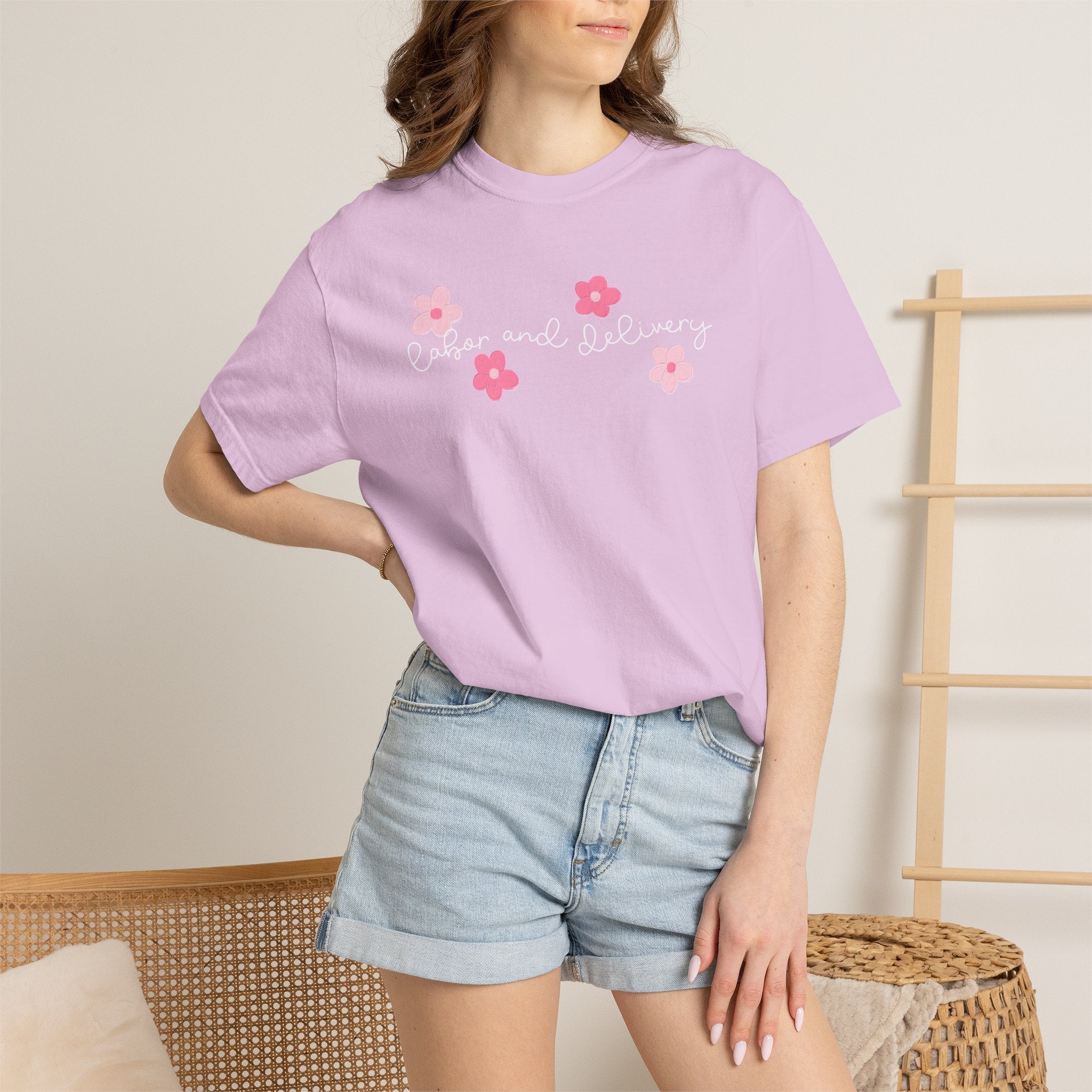 T-Shirt — “Labor and Delivery” Pink Flower Script Tee