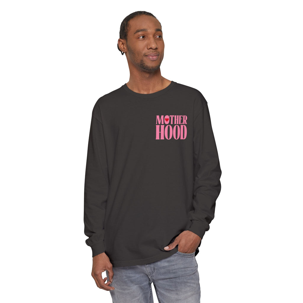 Motherhood Long Sleeve Tee — Pink Retro Heart Graphic