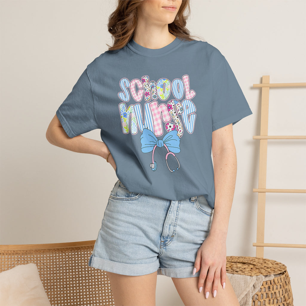School Nurse T-Shirt — Cute Pastel Medical Design with Stethoscope & Bow