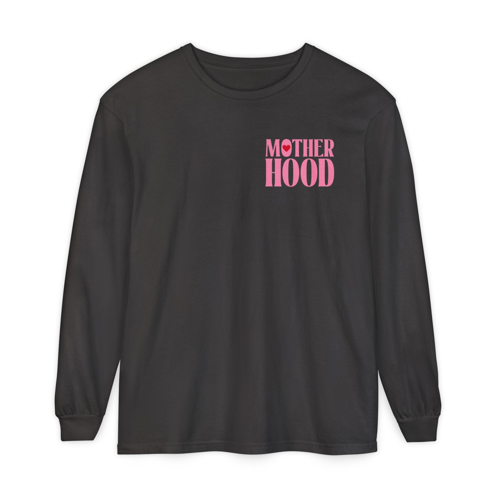 Motherhood Long Sleeve Tee — Pink Retro Heart Graphic