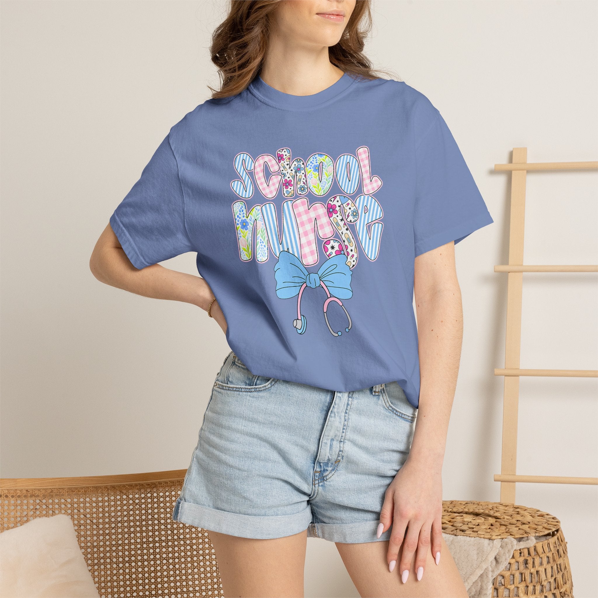 School Nurse T-Shirt — Cute Pastel Medical Design with Stethoscope & Bow