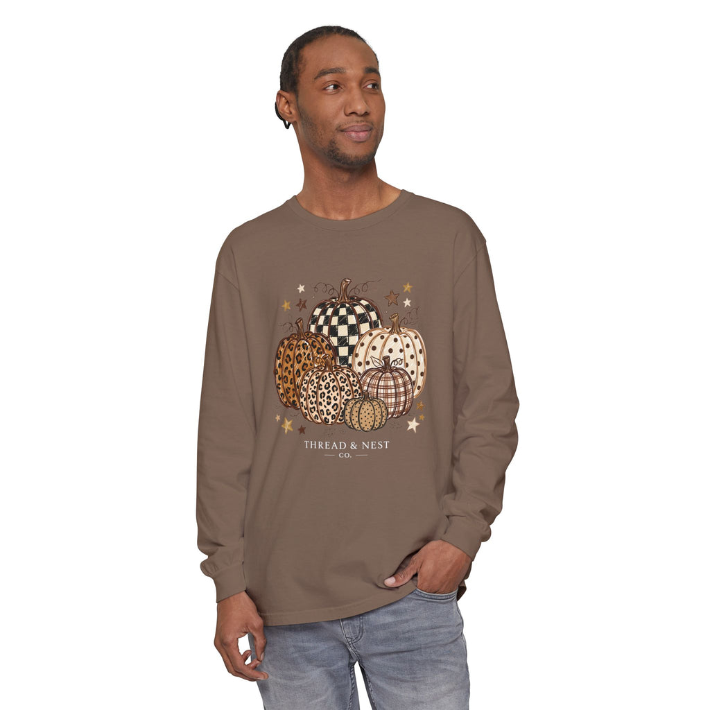 Fall Patterned Pumpkins Long Sleeve Tee — Neutral Plaid & Leopard Pumpkin Shirt