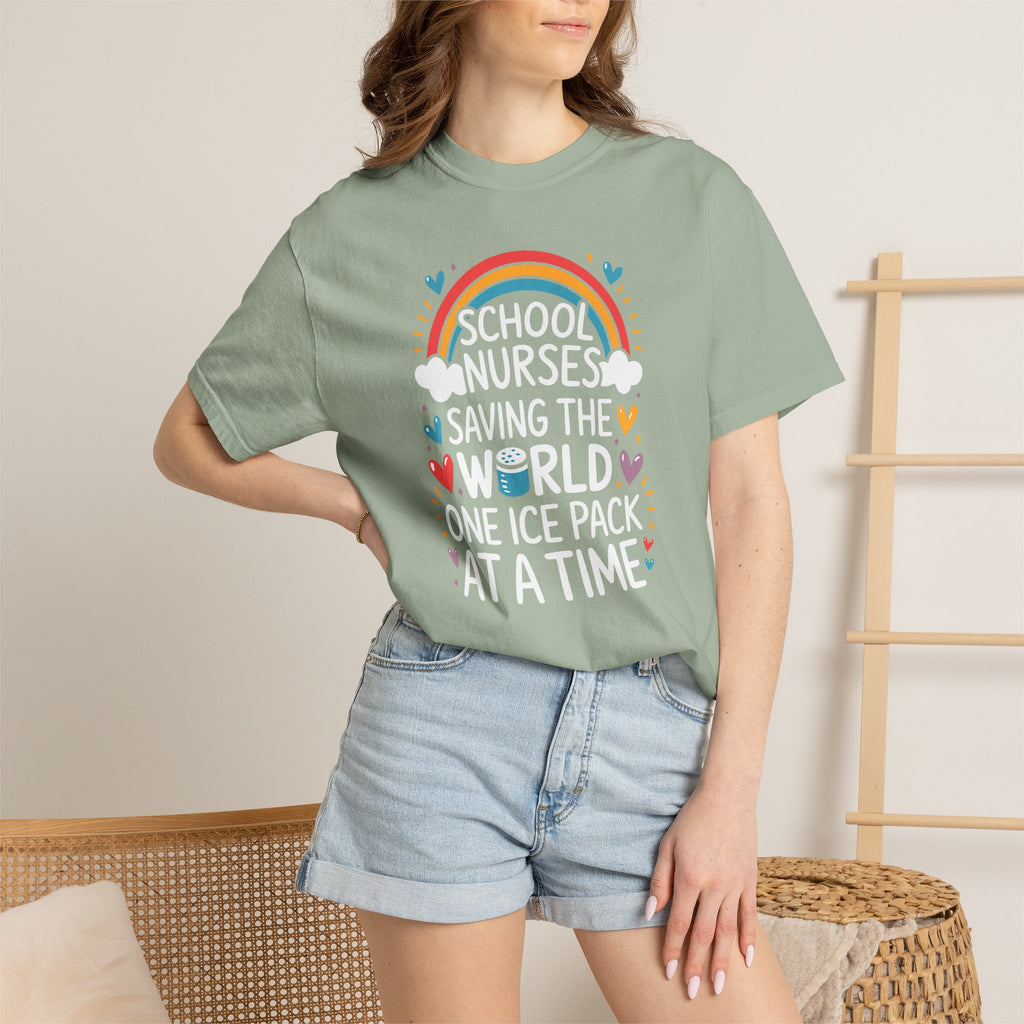 School Nurse T-Shirt — "Saving the World One Ice Pack at a Time" Cute Rainbow Graphic