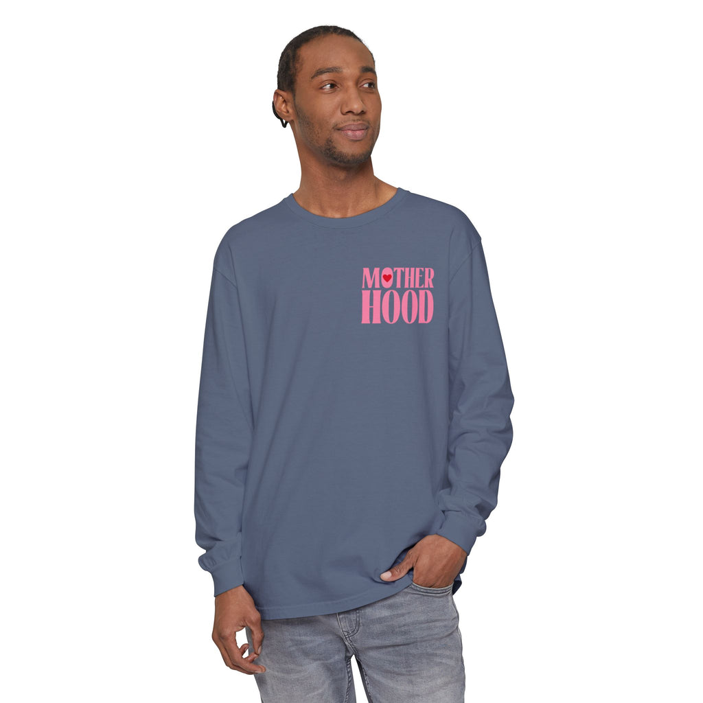 Motherhood Long Sleeve Tee — Pink Retro Heart Graphic