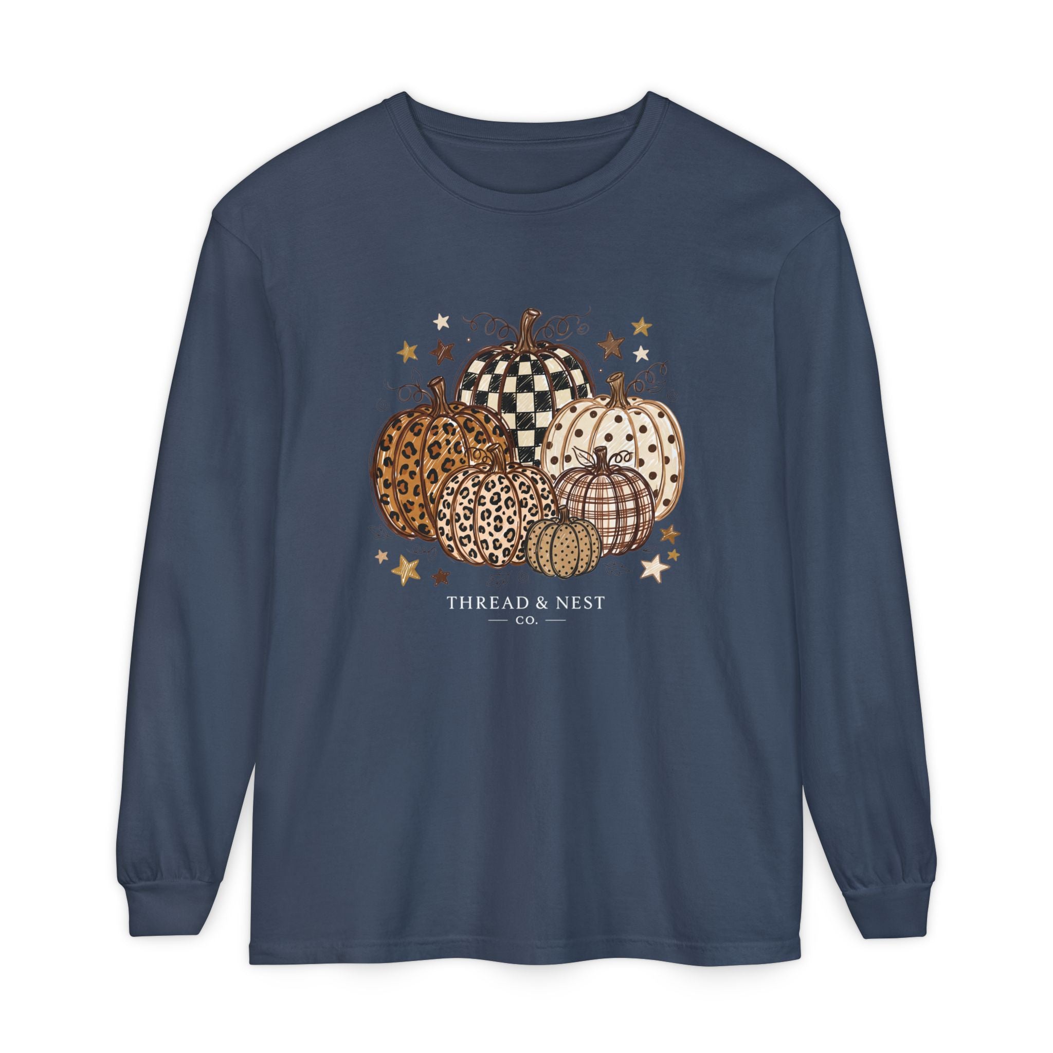 Fall Patterned Pumpkins Long Sleeve Tee — Neutral Plaid & Leopard Pumpkin Shirt