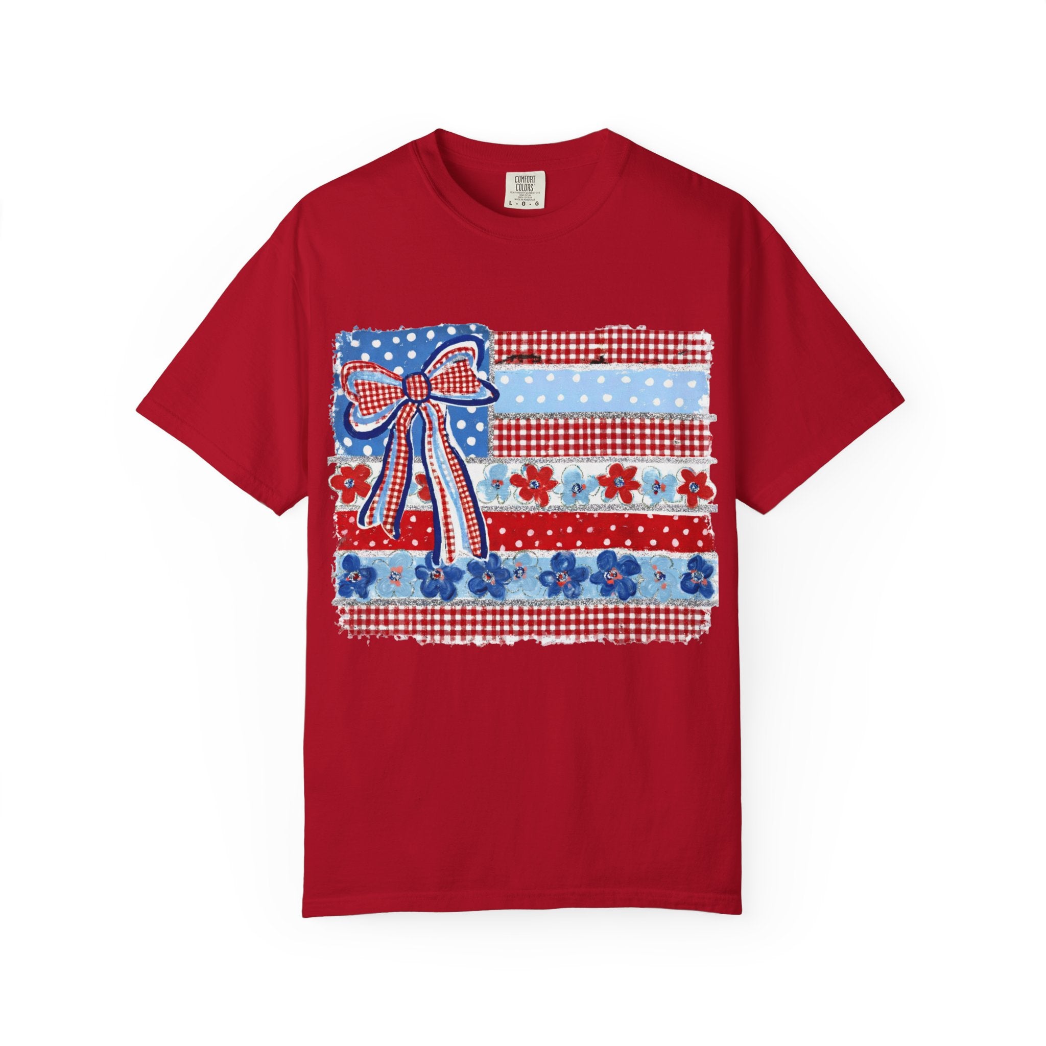 Patriotic Patchwork Flag T-Shirt — Red White & Blue Bow Tee