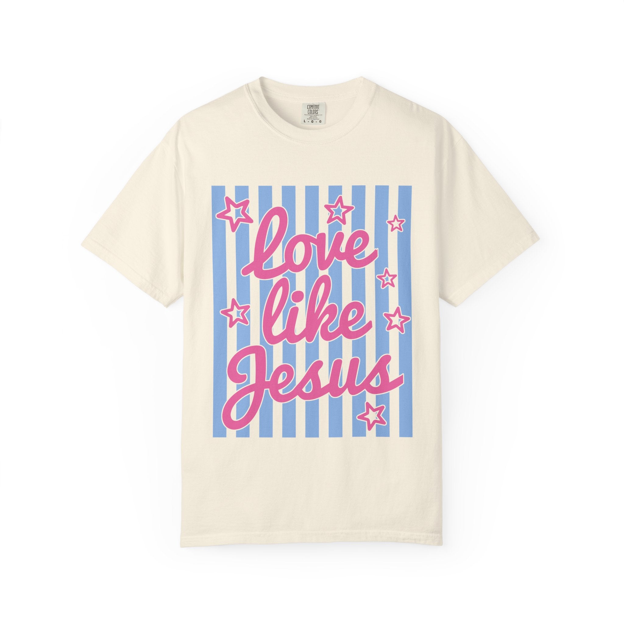Love Like Jesus T-Shirt — Retro Pink Script on Blue Stripe Christian Tee