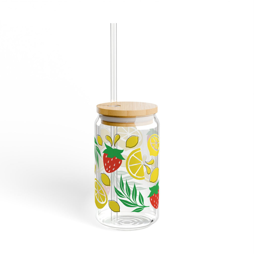 16oz Lemon Strawberry Sipper Glass with Bamboo Lid & Straw — Summer Fruit Drink Tumbler