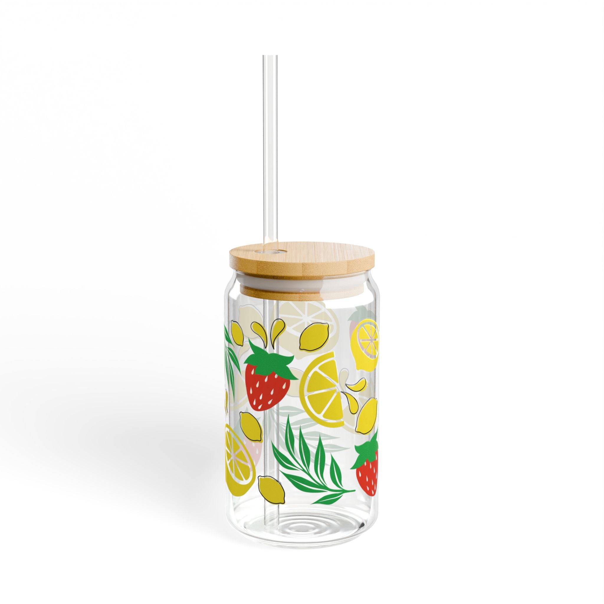 16oz Lemon Strawberry Sipper Glass with Bamboo Lid & Straw — Summer Fruit Drink Tumbler