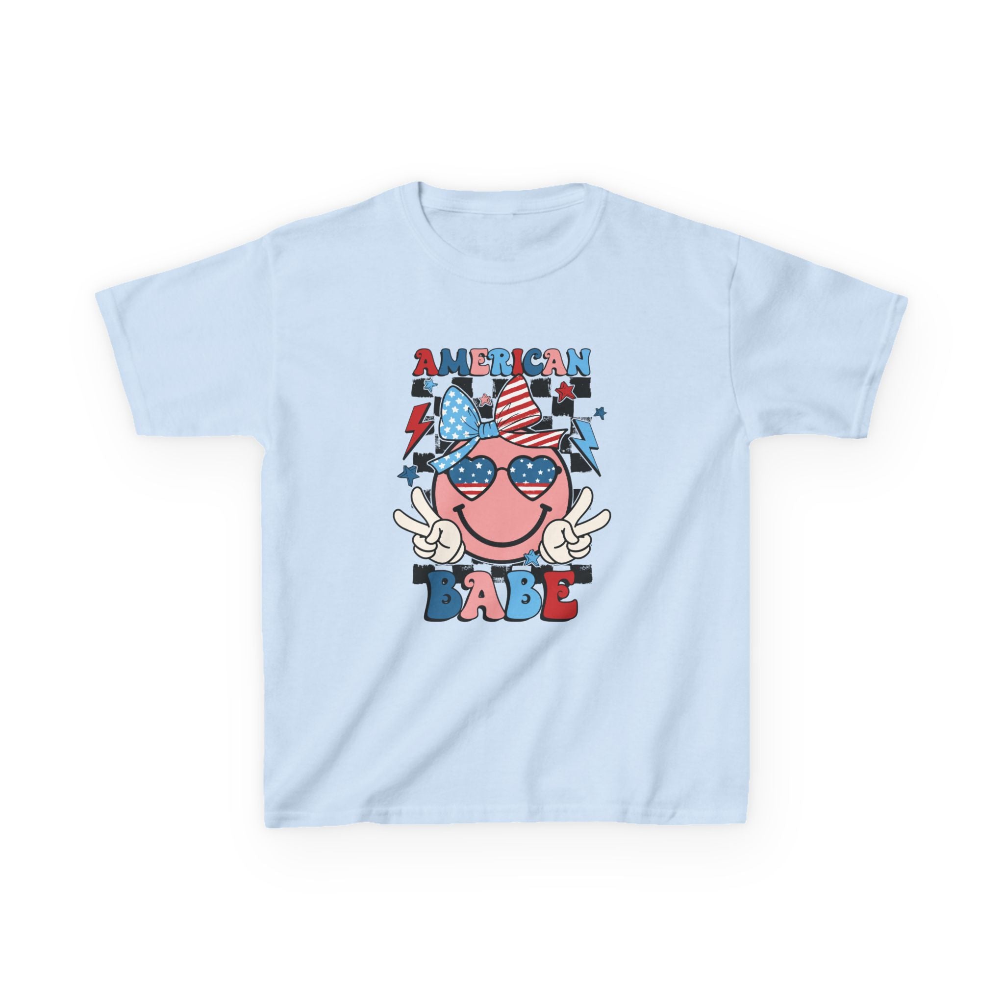 American Babe Kids T‑Shirt – Patriotic Smiley Sunglasses 4th of July Tee