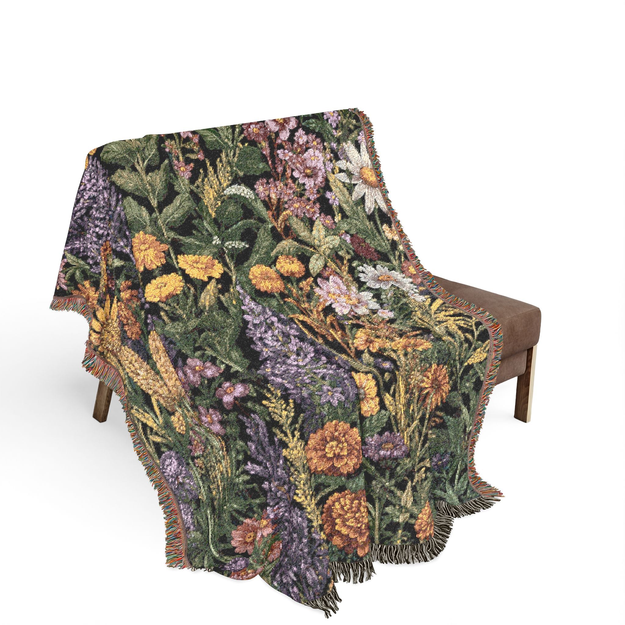 Midnight Meadow Woven Blanket — Vintage Botanical Throw for Living Room & Patio