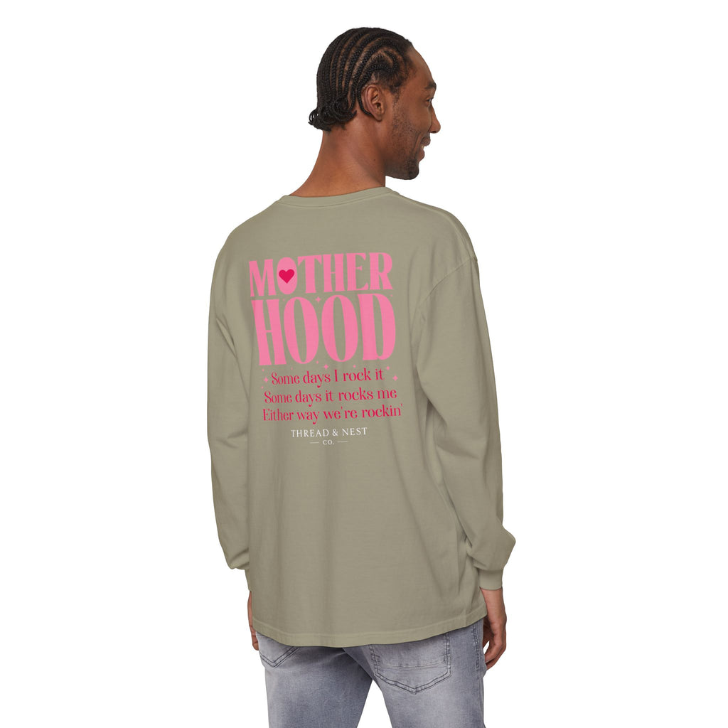 Motherhood Long Sleeve Tee — Pink Retro Heart Graphic