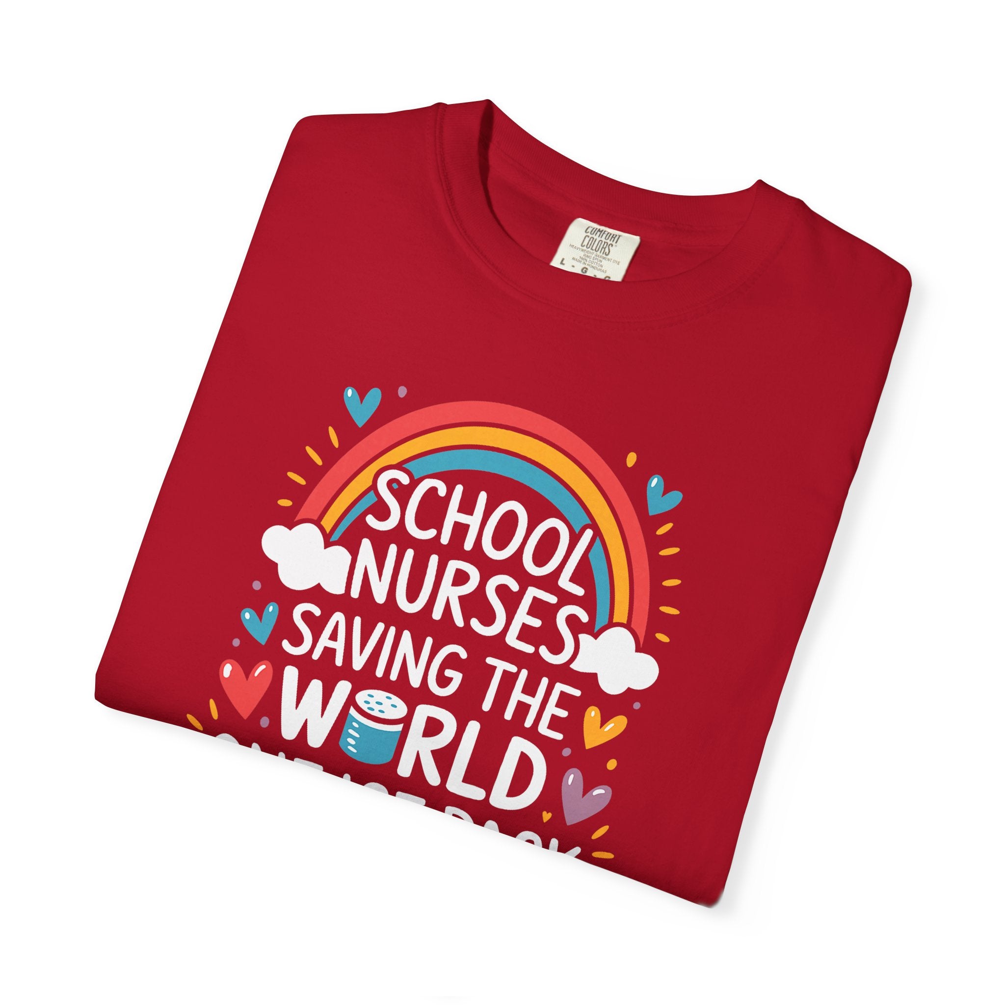 School Nurse T-Shirt — "Saving the World One Ice Pack at a Time" Cute Rainbow Graphic