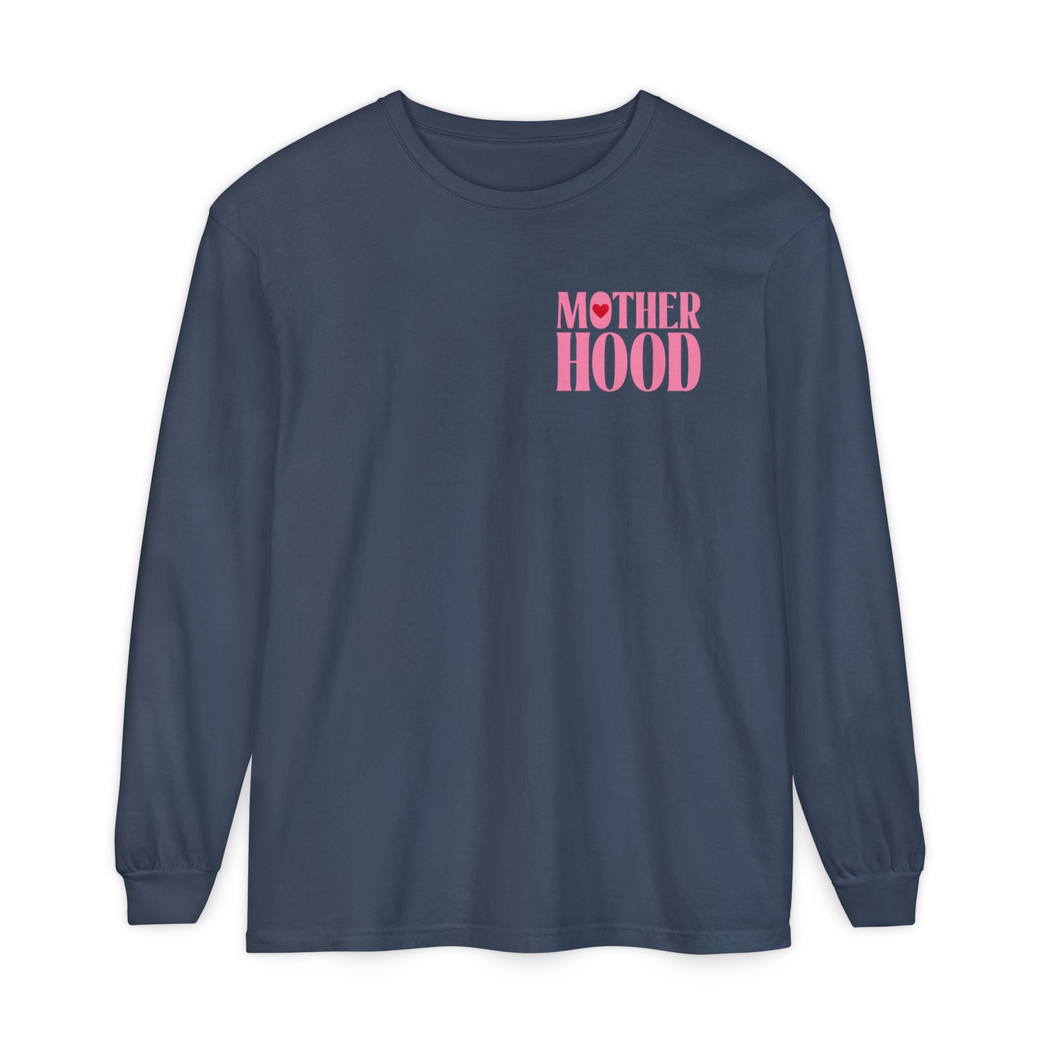 Motherhood Long Sleeve Tee — Pink Retro Heart Graphic
