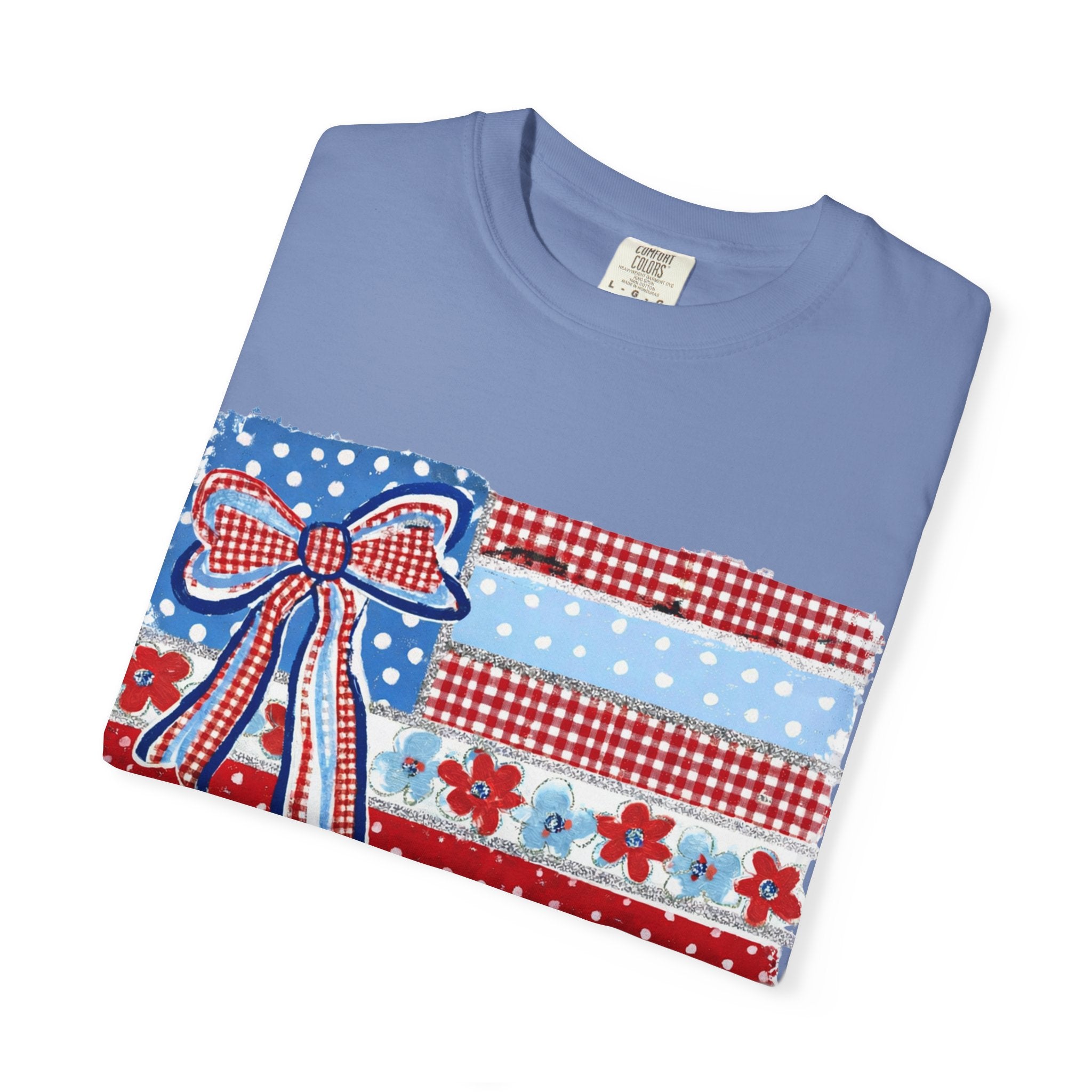 Patriotic Patchwork Flag T-Shirt — Red White & Blue Bow Tee