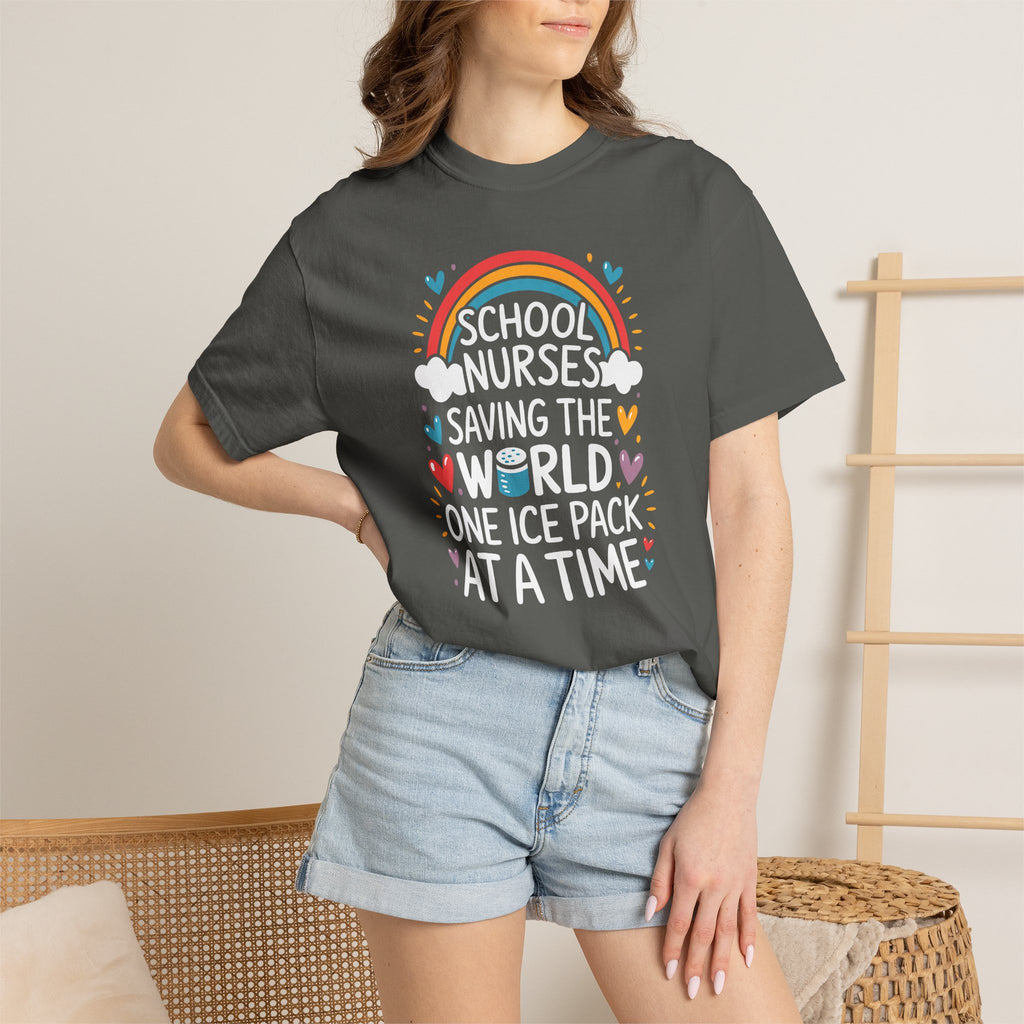 School Nurse T-Shirt — "Saving the World One Ice Pack at a Time" Cute Rainbow Graphic