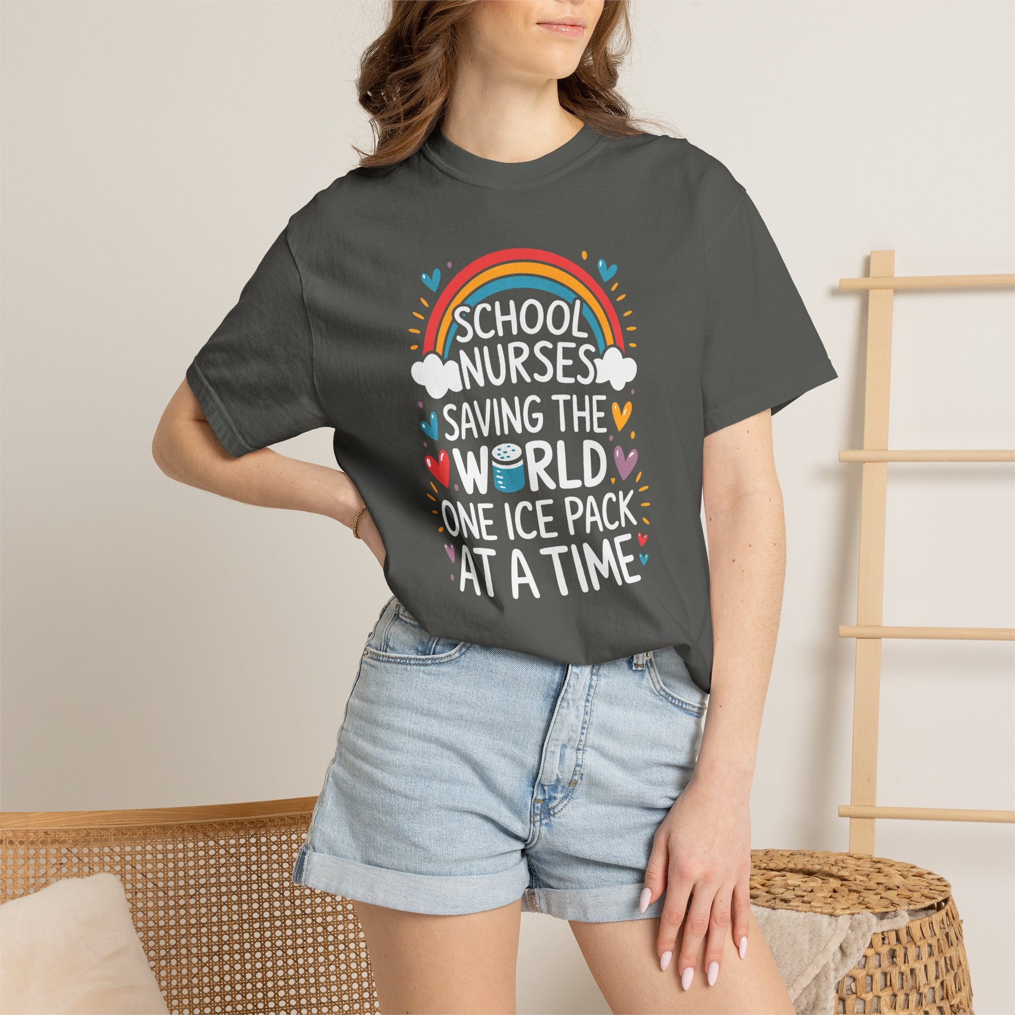 School Nurse T-Shirt — "Saving the World One Ice Pack at a Time" Cute Rainbow Graphic