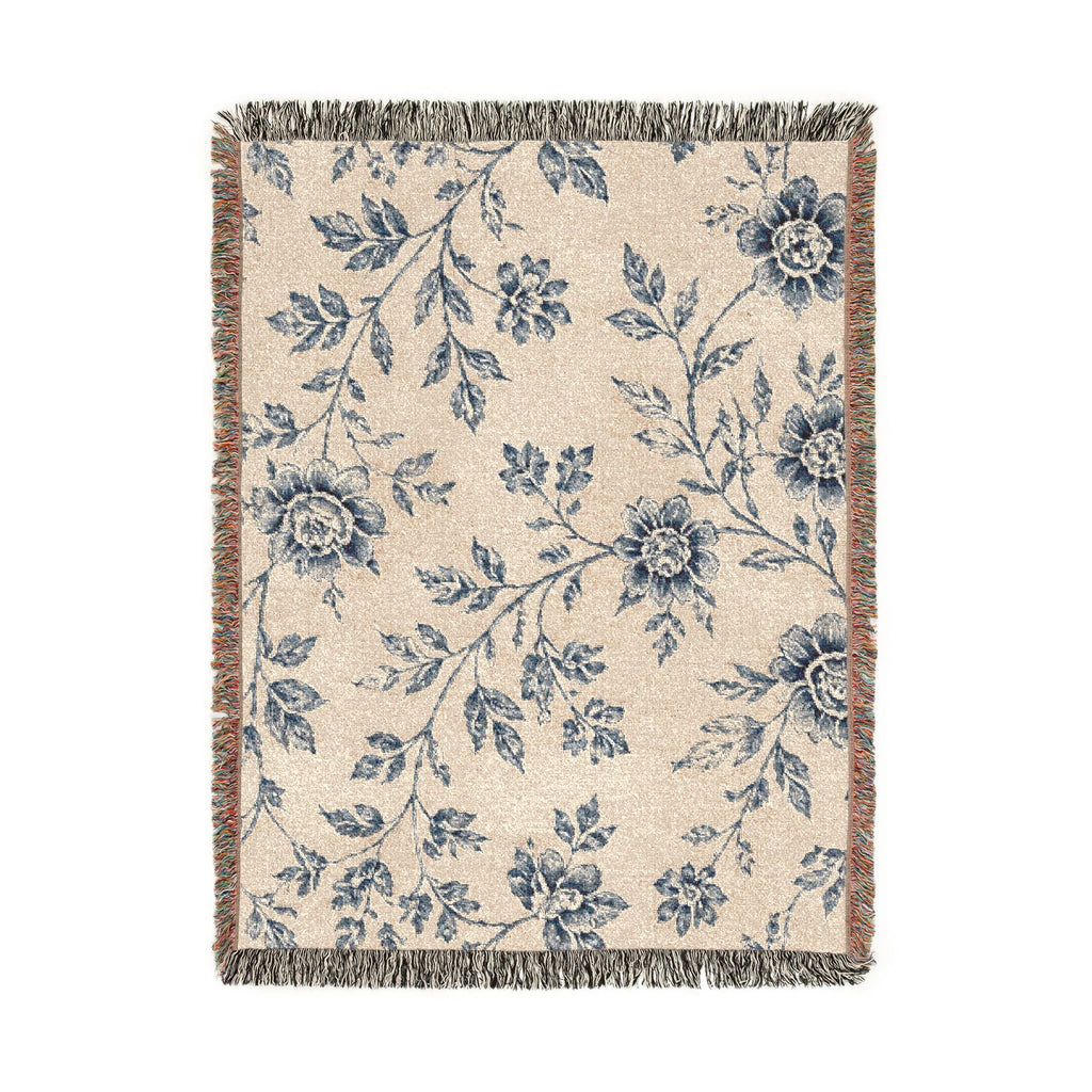 French Toile Woven Blanket — Vintage Floral Fringe Throw Blanket