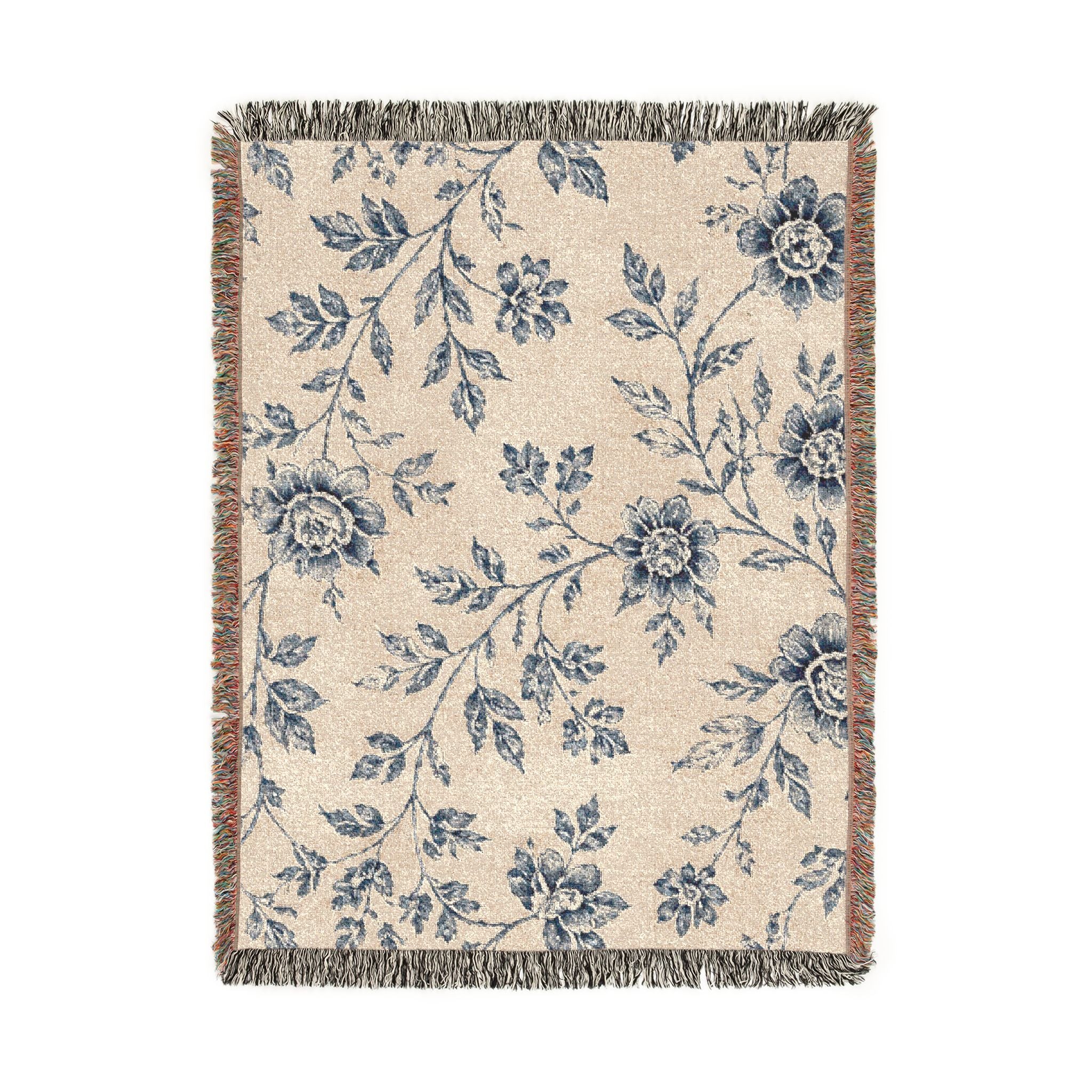 French Toile Woven Blanket — Vintage Floral Fringe Throw Blanket