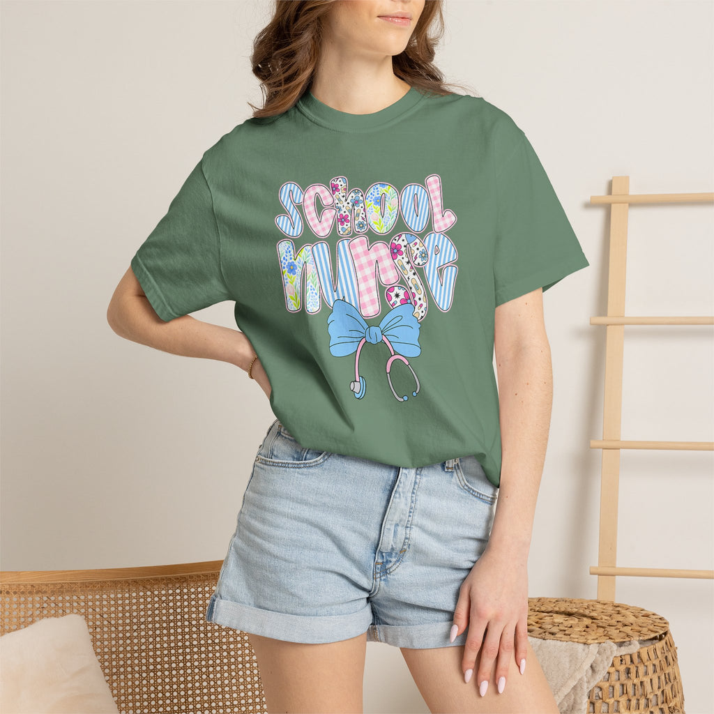 School Nurse T-Shirt — Cute Pastel Medical Design with Stethoscope & Bow