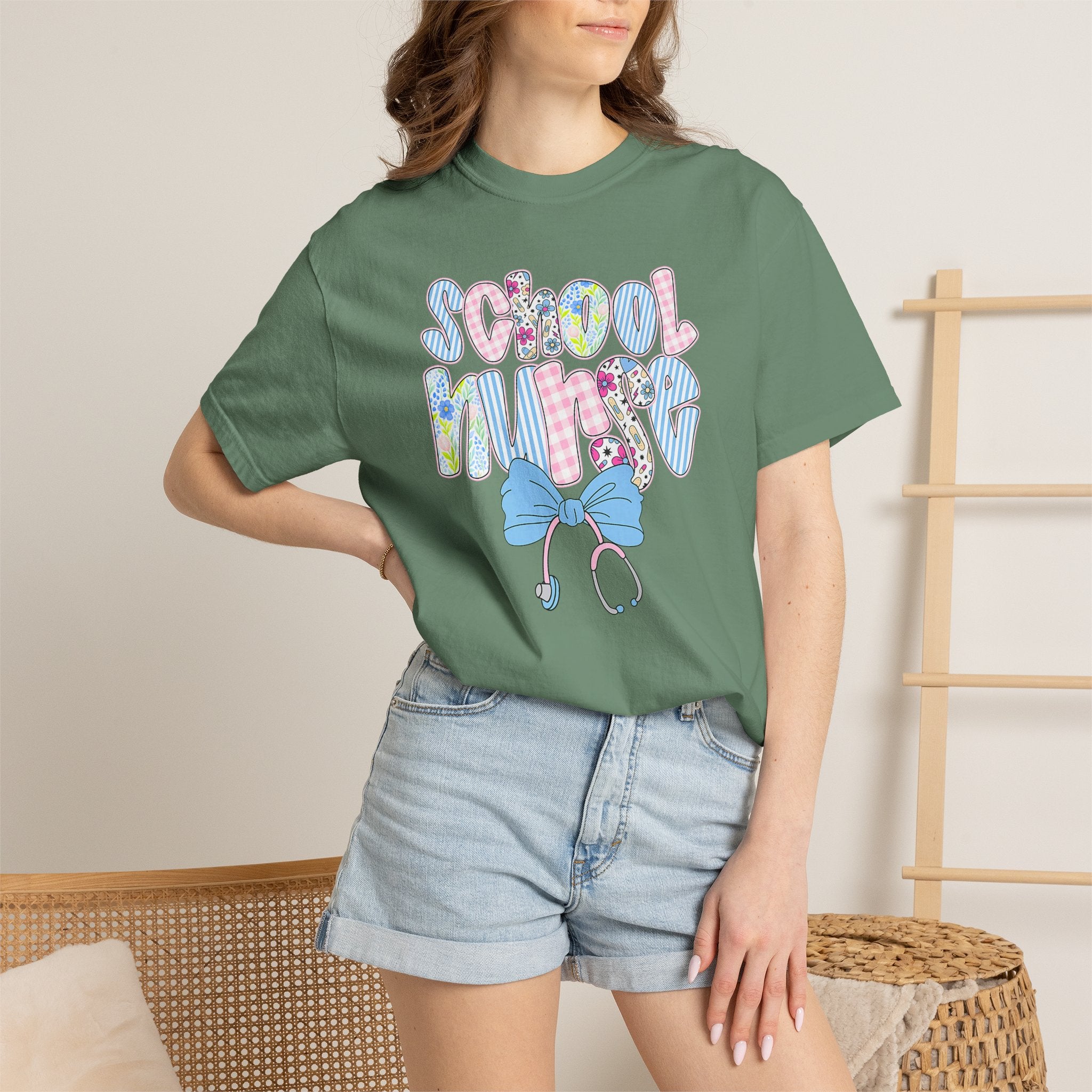 School Nurse T-Shirt — Cute Pastel Medical Design with Stethoscope & Bow