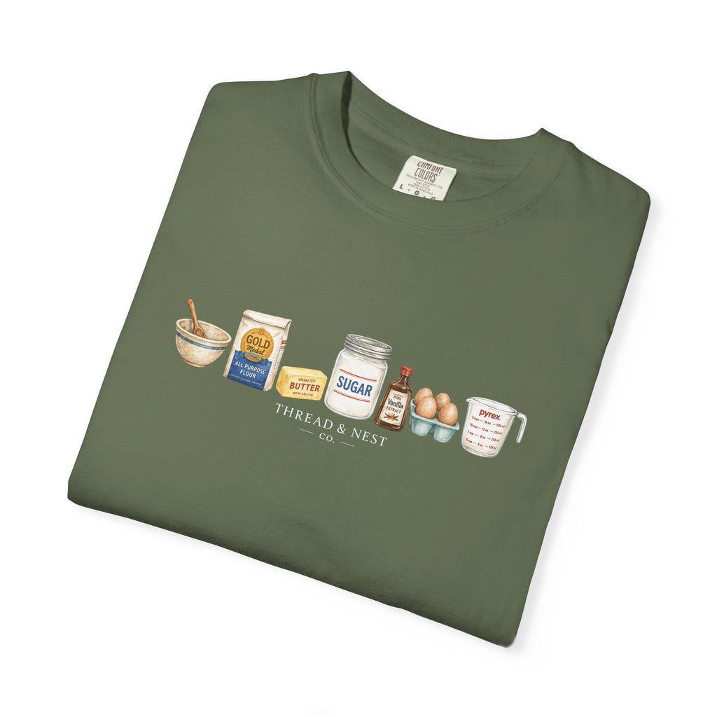 Baking Ingredients T-Shirt — Cute Illustrated Flour, Eggs & Milk Kitchen Tee