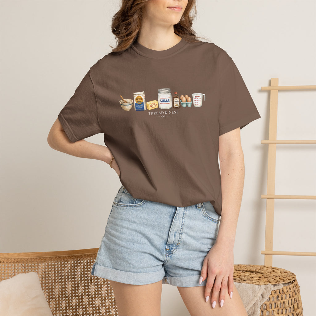 Baking Ingredients T-Shirt — Cute Illustrated Flour, Eggs & Milk Kitchen Tee