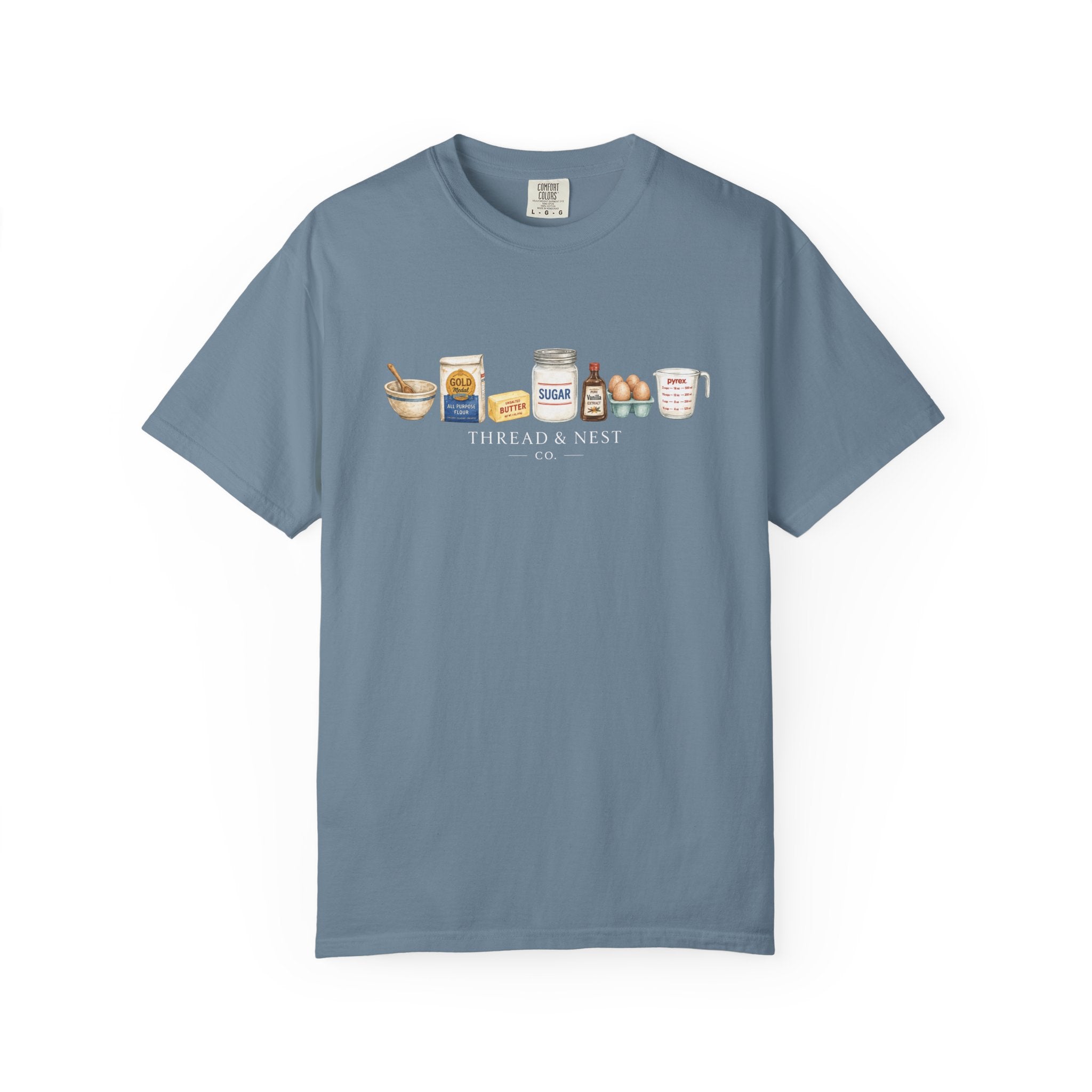 Baking Ingredients T-Shirt — Cute Illustrated Flour, Eggs & Milk Kitchen Tee