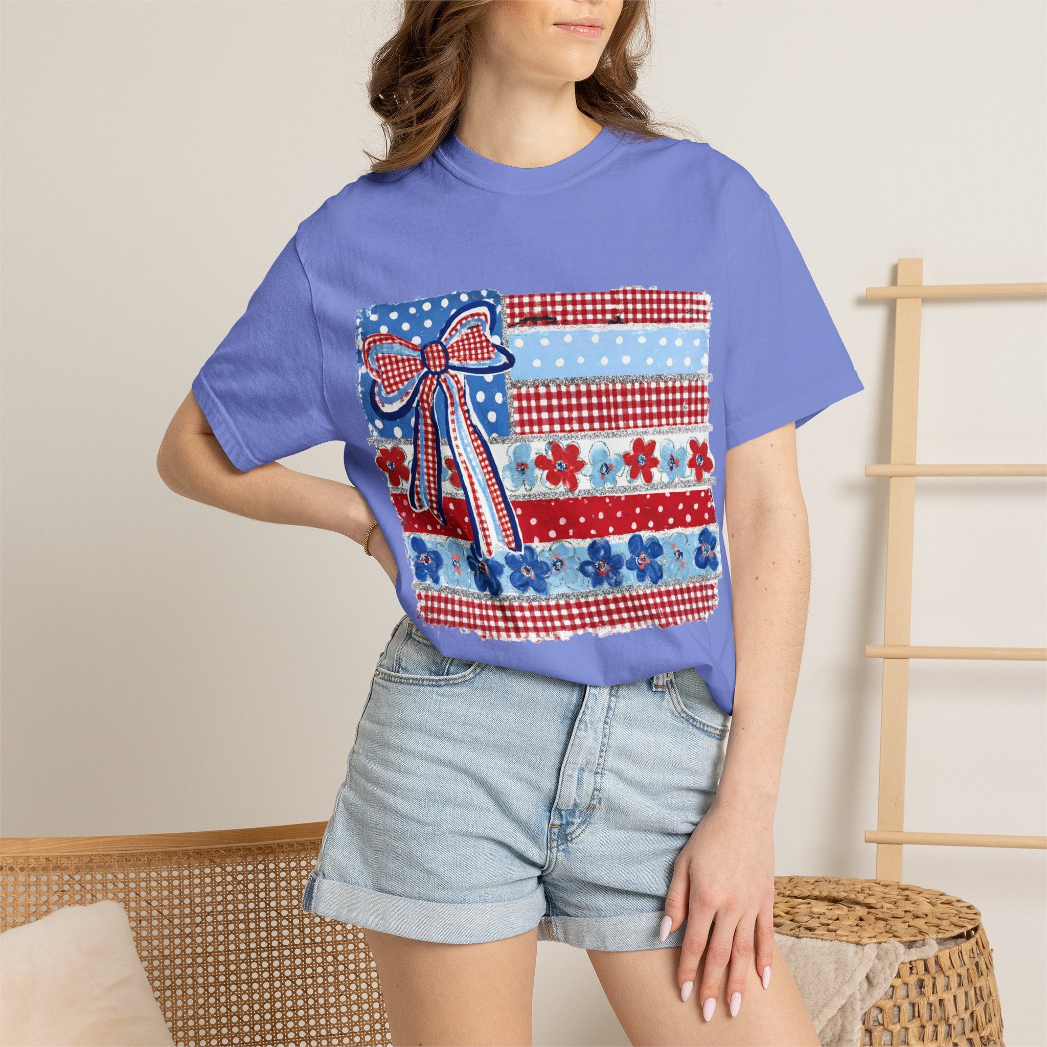 Patriotic Patchwork Flag T-Shirt — Red White & Blue Bow Tee
