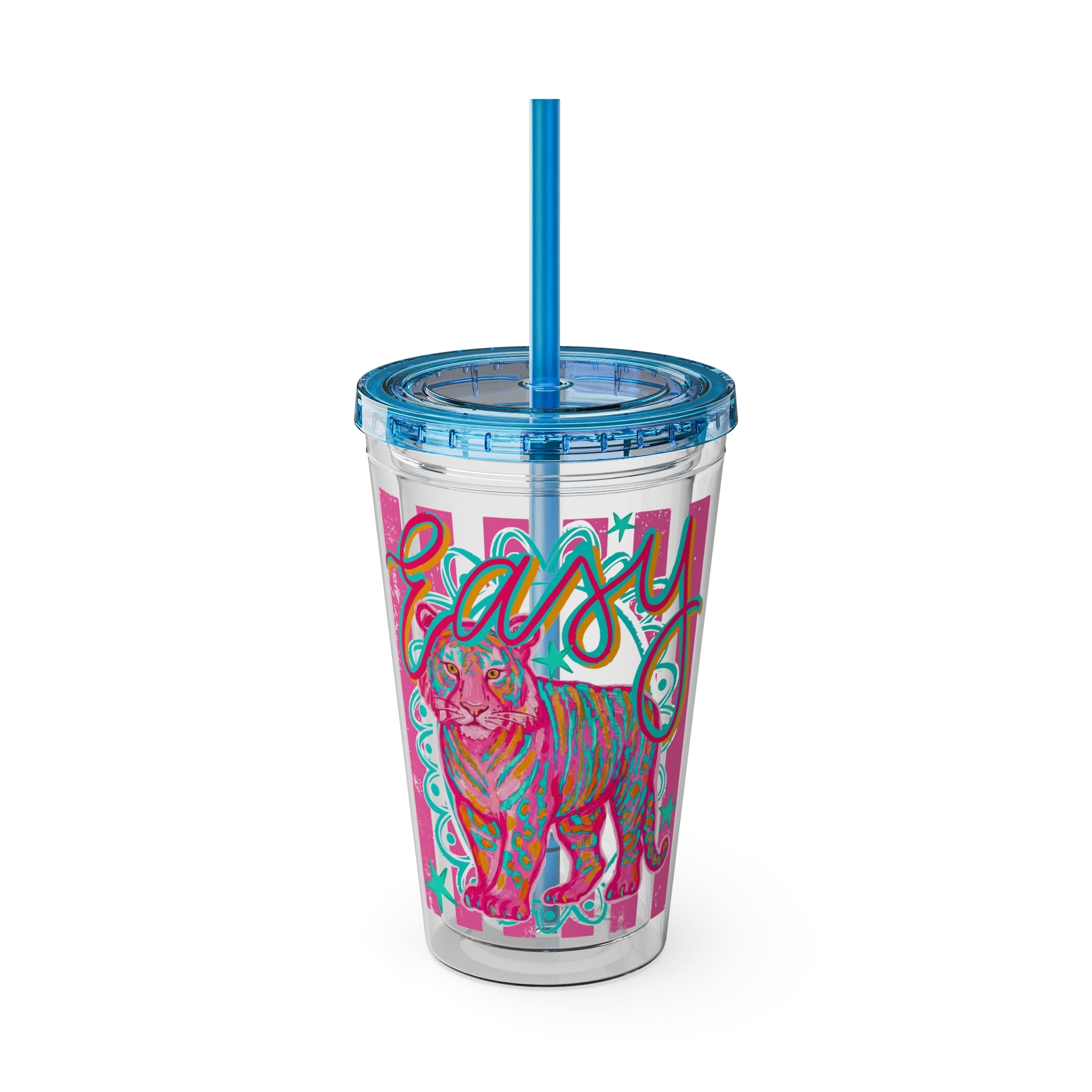 16oz Sunsplash Tumbler with Straw — Colorful 'Easy' Tiger Design