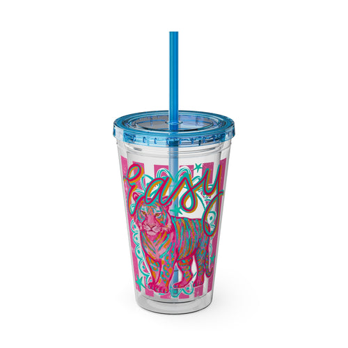 16oz Sunsplash Tumbler with Straw — Colorful 'Easy' Tiger Design