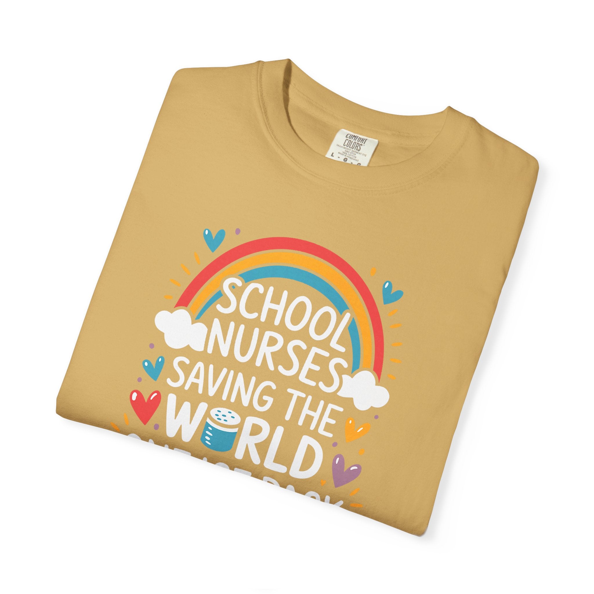 School Nurse T-Shirt — "Saving the World One Ice Pack at a Time" Cute Rainbow Graphic