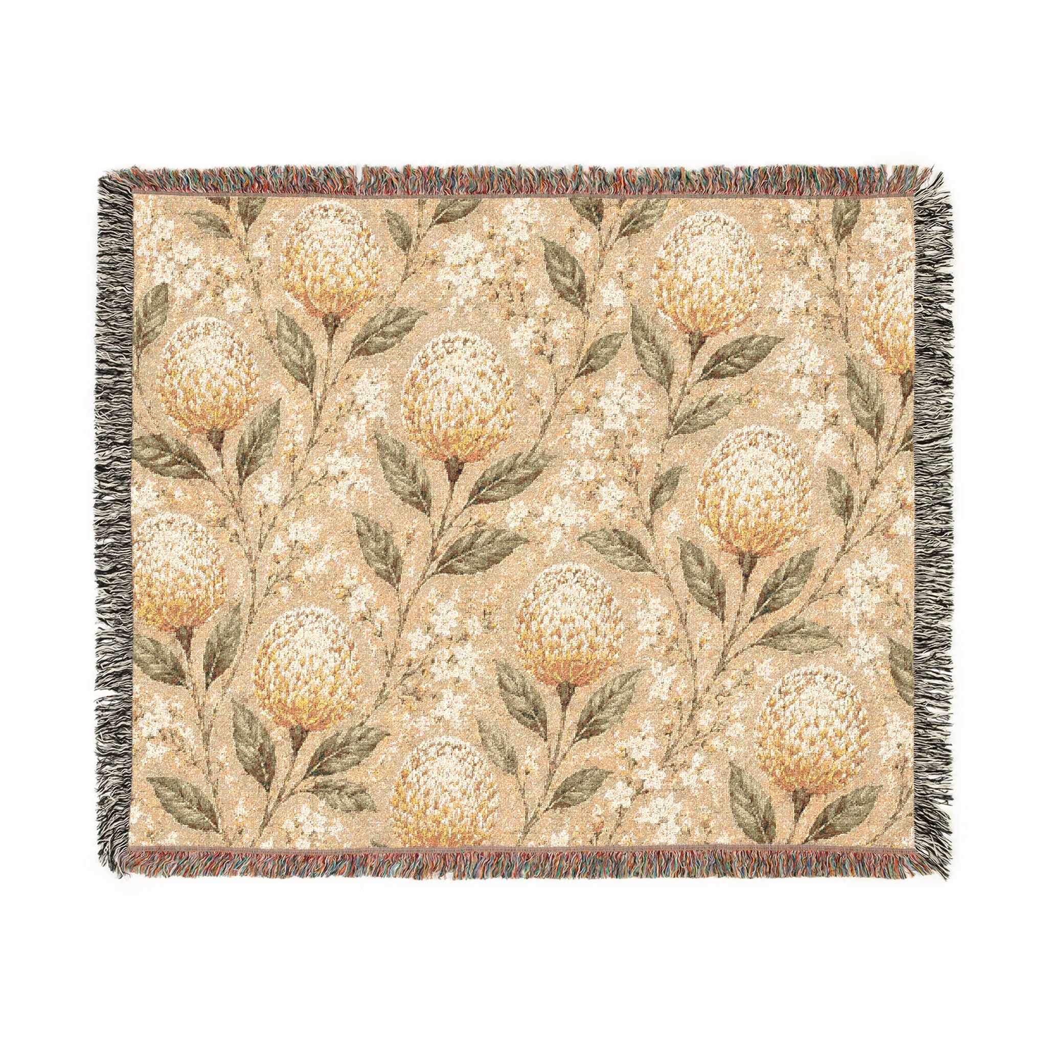 Protea Meadow Woven Throw Blanket — Vintage Botanical Tapestry Design